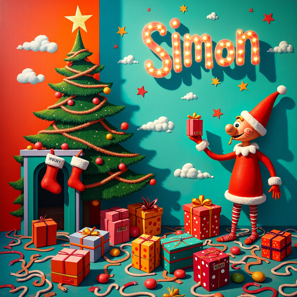 On the front cover of this whimsical and abstract Christmas card, the scene is a delightful and humorous mashup of festive chaos inspired by the geometric playfulness of Mondrian and the expressive boldness of de Kooning. The background is a cacophony of vibrant, swirling colors reminiscent of a Pollock painting, with reds and greens dominating the canvas in joyous splatters and drips. At the center, a surreal Christmas tree stands tall, but instead of ornaments, it's adorned with miniature candy cane whips and fuzzy handcuffs made from shimmering tinsel, evoking a cheeky nod to the S+M theme. The branches of the tree twist and spiral into geometric shapes reminiscent of Kandinsky’s abstract forms, while a series of Rothko-esque blocks in shades of deep blue and burgundy form a makeshift fireplace on the left, with stockings hanging cheekily labeled “Naughty” and “Nice”.

Beneath the tree, scattered abstract gift boxes are painted in flat, vivid colors, their surfaces patterned with zigzags and polka dots, much like a Miró dreamscape. They bear intriguing tags like “Open with Caution” and “Surprise Inside”, their ribbons curling upwards as if attempting to escape. Above, in the sky, fluffy, cartoon-like clouds are interspersed with twinkling stars, among which the word "Simon" is spelled out in twinkling Christmas lights, each letter looped playfully as if animated by the spirit of Twombly. An oversized Santa hat hangs from the top of the “S,” casting a mischievous shadow below.

On the right, a fantastical, blocky elf figure inspired by Malevich stands with exaggerated limbs, one hand extending a gift wrapped in Rothko’s signature warm, rich hues, while the other points upwards to the twinkling name in the sky. The elf’s elongated grin and wide eyes add a humorous, slightly bewildered expression to the scene, as if even he’s surprised by the festive spectacle around him. The whole composition is set on a snowy landscape created from swirling strokes of white and silver, bringing the scene to life with a shimmering, magical quality.
Generated with these themes: S+M Sex dungeon, and .
Made with ❤️ by AI.