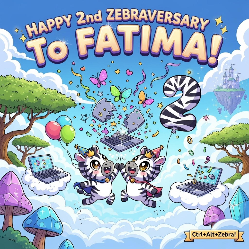 At the top of the Cartoon Style image, display "Happy 2nd Zebraversary to Fatima!" in huge zebra-striped bubble letters with a shiny rainbow outline and twinkling sparkles, slightly arched across the sky.

A large, cute, high-energy cartoon scene in a whimsical fantasy savanna floating on fluffy clouds: giant candy-colored acacia trees, crystal mushrooms, and a shimmering castle on a distant floating island. Center stage, two adorable zebras with oversized heads, big sparkly eyes, rosy cheeks, and chubby hooves, wearing tiny party crowns and mini wizard capes, leap into a mid-air high-five. Between them, a chunky cartoon laptop bursts open like a piñata (playful and harmless): the “broken” shell pops into soft, rounded pieces that transform into rainbow pixel-butterflies, glittering stars, tiny hearts, and glowing ribbons of code swirling around the zebras. Another laptop on a cloud nearby has its lid popped open, spilling confetti shaped like 1s and 0s. A giant zebra-striped number “2” balloon bobs beside them, with streamers, floating balloons, and sparkly stardust drifting through the scene.

Style: playful cartoon characters with exaggerated proportions, thick black outlines, bold cel shading, glossy highlights, and bright saturated colors (electric blue, candy pink, sunny yellow, lime green, and lavender). Whimsical, energetic poses; cute mood; soft ambient glow; crisp silhouette readability; slight low-angle to feel triumphant.

At the bottom-right, add a small hand-lettered ribbon that reads: “Ctrl+Alt+Zebra!”
Generated with these themes: Zebras, Breaking laptops, Fantasy, and .
Made with ❤️ by AI.