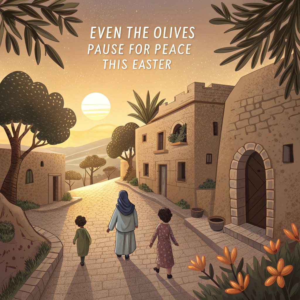 At the top of the image, "Even the olives pause for peace this Easter."

— Create a realistic photograph-style image capturing a solemn yet peaceful Easter scene set in an ancient Middle Eastern village during golden hour.

— The cobbled streets wind through sun-baked sandstone houses, olive trees casting long shadows in the quiet afternoon light. Children from diverse backgrounds walk side-by-side, some carrying simple flowers, others sharing figs and dates, dressed in humble, culturally distinct attire.

— Elders sit together on stone benches, in silent prayer or gentle conversation. A white donkey rests beside a calm sheep, and birds perch quietly along terracotta rooftops.

— Subtle signs of Easter—such as a simple woven palm cross hung on a weathered doorway—nod to the holiday without overwhelming the interfaith message of peace.

— The tone should be reflective, evoking warmth and reverence—like a captured moment of stillness that feels both sacred and shared.
Generated with these themes: Easter Peace for all faiths, Scene of an ancient village in Middle East, and People and animals in peaceful harmony.
Made with ❤️ by AI.
