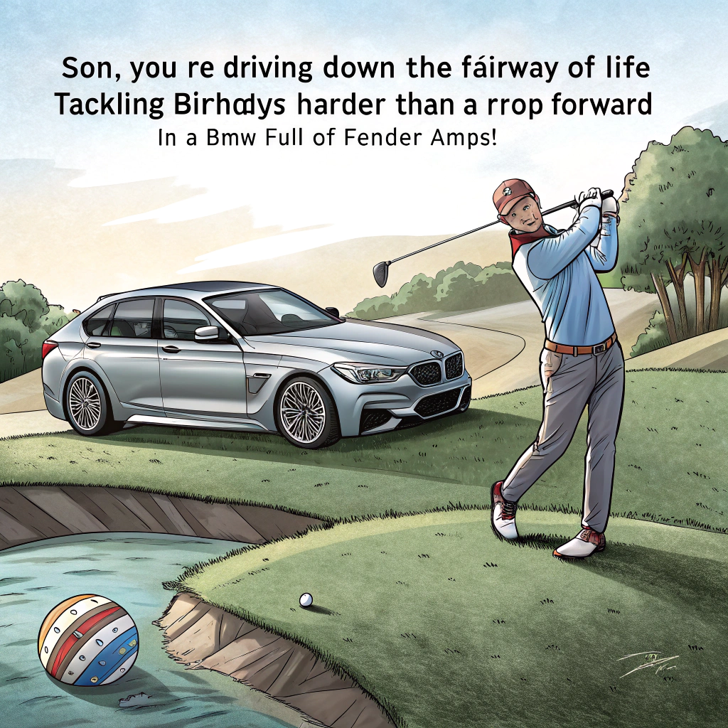 At the top of the image, "Son, you’re driving down the fairway of life – tackling birthdays harder than a prop forward in a BMW full of Fender amps!"

- In the center of the image, illustrate a hilarious cartoon-style scene of “Son” dressed in full rugby kit, standing on a golf course mid-swing—except instead of a golf ball, he’s teeing off a tiny rugby ball.  
- Behind him is a shiny, slightly mud-splattered BMW, with the trunk wide open, revealing stacks of Sam Fender-style guitars and stage lights tangled with golf clubs.  
- One golf cart is zipping by in the background, piloted by a very serious-looking referee, holding a yellow card out the window and blowing a whistle.  
- There’s a sheep casually munching on turf next to the green, with a little party hat perched on its head.  
- Above it all, bright blue skies and balloons float with rugby jerseys, golf flags, and musical notes.
Generated with these themes: Rugby, Sam fender, Golf, and BMW.
Made with ❤️ by AI.