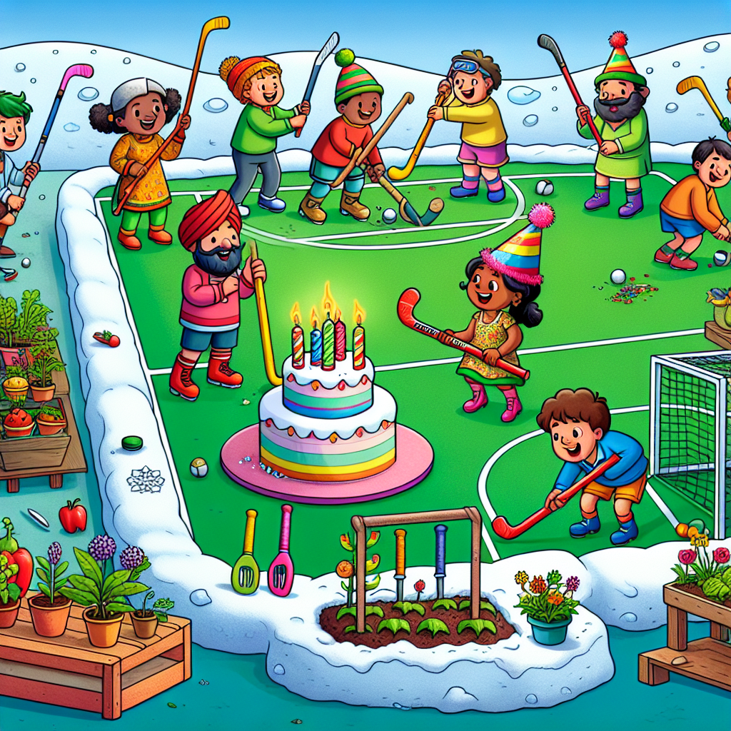 Create a vibrant cartoon image of a birthday party scene buzzing with homemade winsomeness. The background features an artfully handmade, colorful field hockey pitch, with animated characters of various descents and genders cheerfully engaged in a match. One character, of a South Asian descent, is sporting a festive birthday hat while holding a hockey stick. A snow-themed cake is proudly displayed on a nearby improvised table, adorned with ski pole-styled candles. Off to the side, a petite garden plot brimming with animated flowers and vegetables aptly demonstrates a delightful fusion of sports and gardening.
Generated with these themes: DIY, Field hockey , Skiing, and Gardening .
Made with ❤️ by AI.