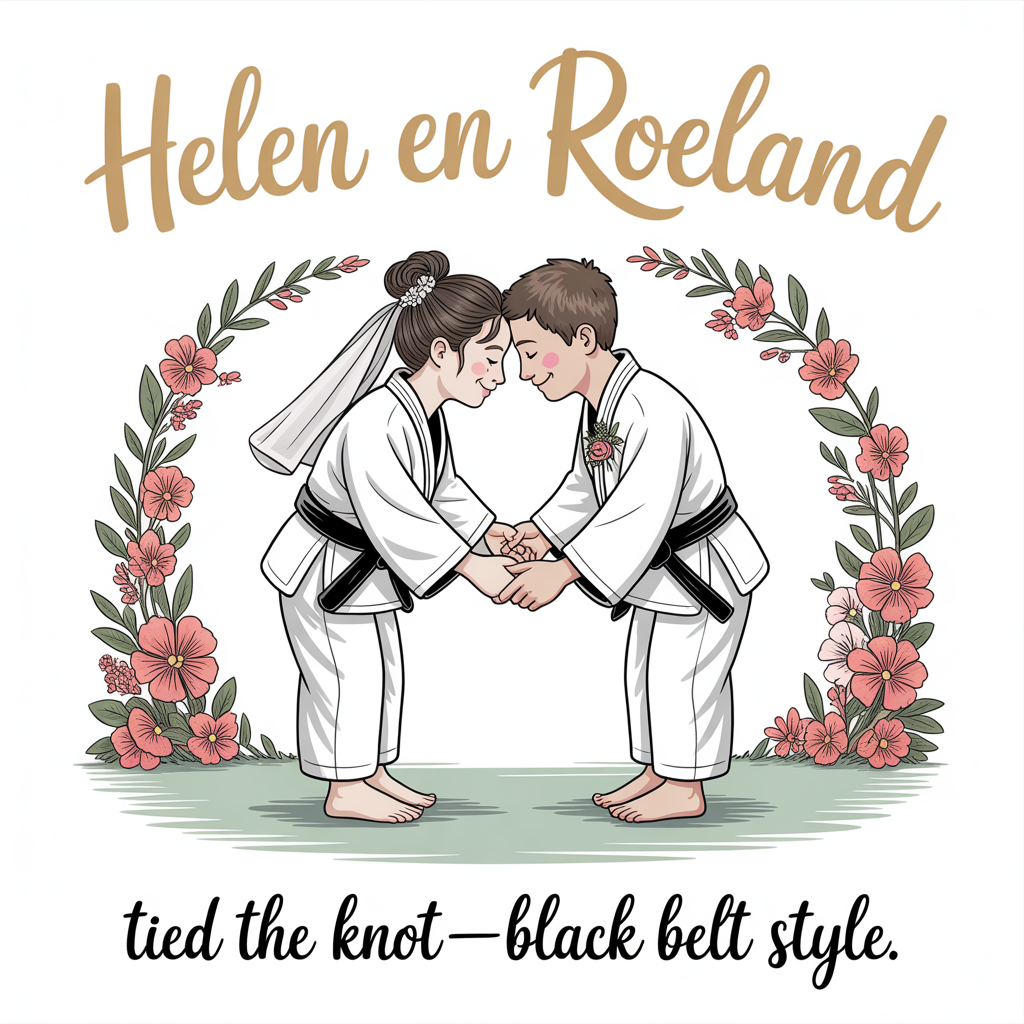 At the top of the Illustration Style image, "Helen en Roeland"

At the bottom of the image, "Tied the knot—black belt style."

Hand-drawn, romantic judo scene: a tender, playful moment on a soft sage tatami “aisle.” The couple stands in white judo gi with wedding touches—her loose veil tucked under a neat bun, his tiny boutonnière on the lapel. Their obi belts trail toward each other and interlace into a graceful heart-shaped knot between them, with the belt ends tipped by tiny gold rings. They lean into a gentle bow (rei), foreheads nearly touching, eyes closed, serene smiles—more a dance than a throw.

Compose a balanced, airy layout: the top headline in elegant hand-lettered brush script (warm gold ink with a subtle shadow), the heart-knot centered beneath it, and the short punch-line at the bottom in a playful, bold brush script for contrast. Surround them with a floral dojo-arch (a torii-like shape wrapped in blossoms and soft greenery), floating heart-shaped cherry-blossom petals, and a dusky golden glow that pools softly across the tatami. Keep linework fine and expressive, with textured brush strokes and watercolor washes in a warm palette: ivory, blush, soft coral, sage, and warm gold. Paper texture subtly visible; delicate ink hatching and soft vignetting to frame the scene.
Generated with these themes: Judo, and .
Made with ❤️ by AI.