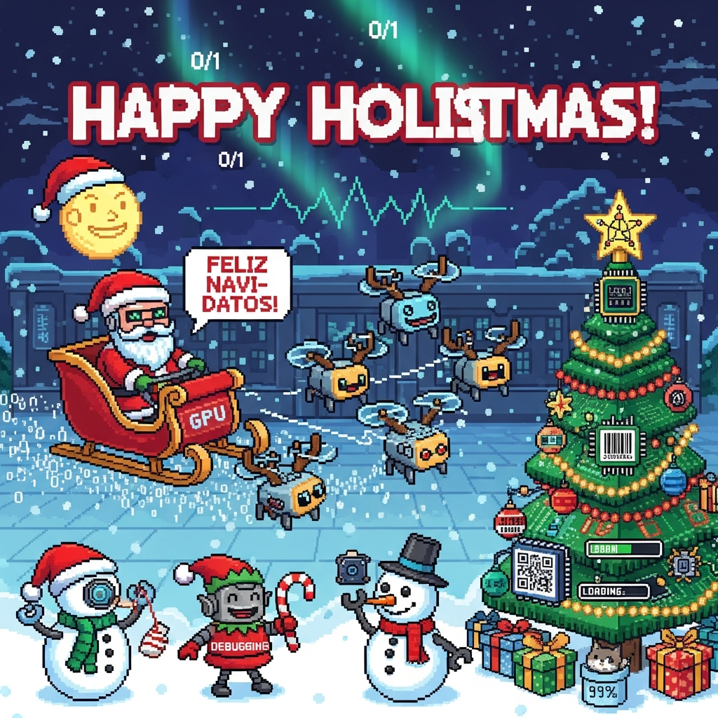 Una postal con tematica navideña que tenga elementos relacionados con la IA y que felicite las fiestas, and Christmas Card