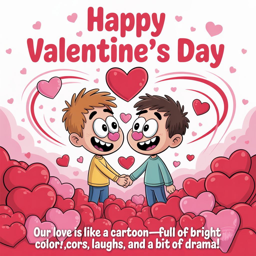 At the top of the image, "Happy Valentine's Day":

At the bottom of the image, "Our love is like a cartoon—full of bright colors, laughs, and a bit of drama!" 

- In the center of the image, illustrate a playful cartoon scene featuring two adorable characters with exaggerated features, holding hands in a field of oversized, vibrant red love hearts. They gaze into each other's eyes with goofy, lovestruck expressions, surrounded by swirling pink and red hearts that float in the air around them.
Generated with these themes: Love hearts, couples, and .
Made with ❤️ by AI.