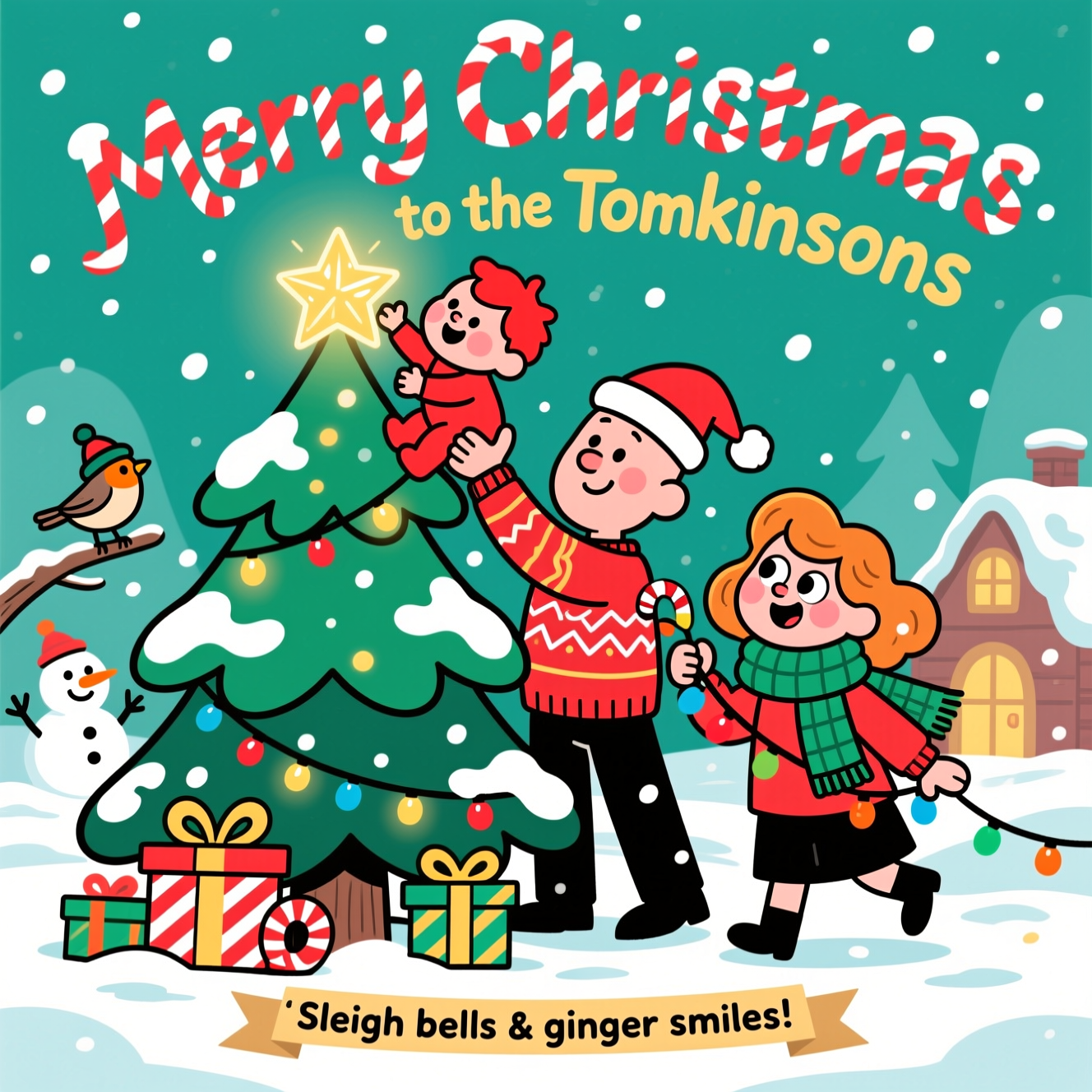 At the top of the Cartoon Style image, “Merry Christmas to the Tomkinsons” in bold, playful candy-cane hand-lettering, gently arched, with a warm golden glow and sparkling snow.

A cute, vibrant cartoon Christmas scene with exaggerated proportions, thick black outlines, and bright saturated colors. Center stage: a huge, twinkling pine tree dusted with snow. A bald man in a festive sweater and Santa hat lifts a red-haired baby high to place a glowing star on the treetop; beside them, a ginger-haired lady in a chunky scarf tiptoes and drapes colorful string lights, all with big expressive eyes and rosy cheeks. Soft snow falls; gift boxes with candy-cane stripes sit by the tree; a friendly snowman waves; a tiny robin in a mini hat perches on a branch; a cozy cottage glows warmly in the background. Use rounded shapes, bouncy motion lines, and whimsical, energetic poses. Palette: holly greens, cherry reds, frosty teals, buttery golds, snowy whites. Crisp, clean, high-contrast, vector-like finish.

At the bottom on a small ribbon banner, add one short, cheeky line: “Sleigh bells & ginger smiles!”
Generated with these themes: A family of a bald man, lady with ginger hair and a baby with red hair, and .
Made with ❤️ by AI.