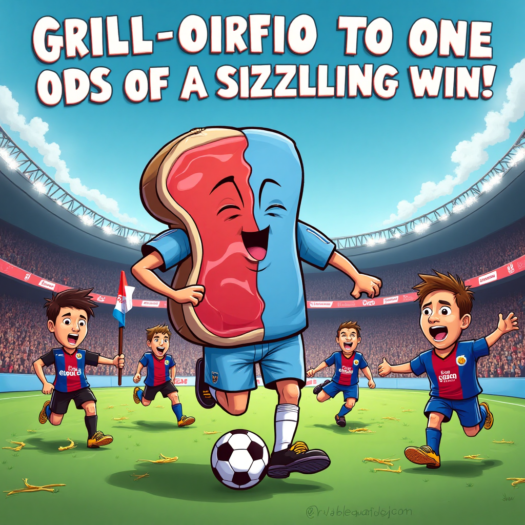 At the top of the Cartoon Style image, the text "Happy Birthday Stuart" should be prominently displayed. 

**Image Prompt:**

Imagine a playful cartoon scene set in a vibrant football stadium where Man City and Barcelona are in a fantastical match. In the center, a giant animated steak, complete with a smiling face and tiny football boots, is energetically dribbling a football down the field. The steak is dressed in a mismatched uniform, with half of it in Man City's blue and the other half in Barcelona's red and blue stripes. Surrounding the steak, cartoon-style footballers with exaggerated features from both teams are trying to catch up, slipping on banana peels and accidentally bumping into each other in a comedic fashion. Above the scene, in big, bold letters, the caption reads, "Grill-ion to One Odds of a Sizzling Win!" The stadium is filled with cheering cartoon fans, waving flags and holding up birthday banners for Stuart. Bright colors, thick outlines, and dynamic poses bring the whole scene to life with humor and energy.
Generated with these themes: Man City, Barcelona, Steak, , and .
Made with ❤️ by AI.