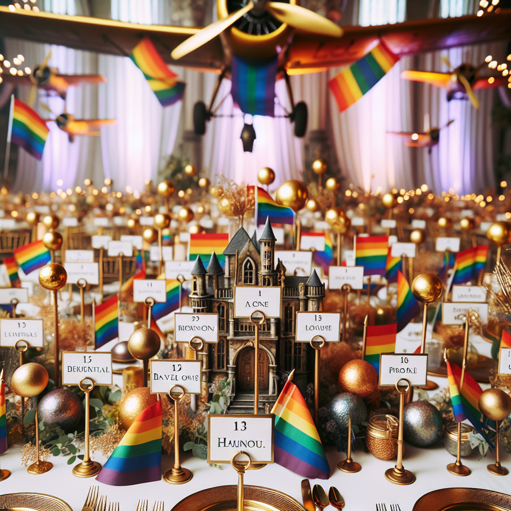 A captivating wedding scene filled with enchanting aspects of fantasy and elements of aviation and LGBTQ pride. Thirteen tables are adorned with small golden spheres and miniature sticks, each named after a fictitious magical school house or a mythical character. Rainbow flags drape gracefully amidst vintage propeller decor, reflecting an inclusive atmosphere where love takes flight on magical wings.
Generated with these themes: Harry Potter , 13, Aviation, and LGBTQ .
Made with ❤️ by AI.