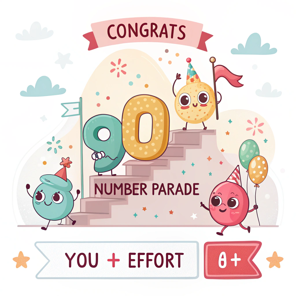 At the top of the Vector Style image, "congrats"

At the bottom of the image, "You + effort = A+"

- Clean flat-vector scene in a cute, modern style with crisp lines, solid color blocks, and minimal gradients.
- Center: a joyful Number Parade—kawaii digits 0–9 as chunky, colorful characters with round eyes and rosy cheeks, arranged like an ascending staircase to show progress.
- Each number holds tiny pennant flags featuring +, −, ×, ÷, and = symbols; a shiny flat-gold star floats above the highest step.
- Confetti shaped like math symbols (plus, minus, equals) sprinkles around the scene.
- Background: soft off-white with a faint, subtle dotted grid (very light, non-distracting), generous white space.
- Color palette: pastel mint, lemon, coral, sky blue, lavender, sunshine yellow; bold high-contrast for text.
- Typography: “congrats” in a big, friendly rounded sans-serif, all lowercase, centered and wide tracking; bottom line in a smaller, clean sans-serif, simple and punchy.
- Shadows: minimal flat drop-shadows and simple highlights to keep it crisp and cute; no textures, no noise.
Generated with these themes: Math learning number, and .
Made with ❤️ by AI.