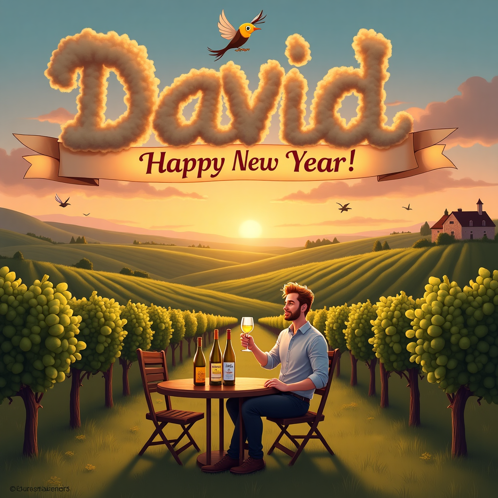 Fair hair man drinking a Glass of white wine, 3 Bottles of wine with Clod du siel written on it on table, Beautiful view, and Happy New Year! New-year Card