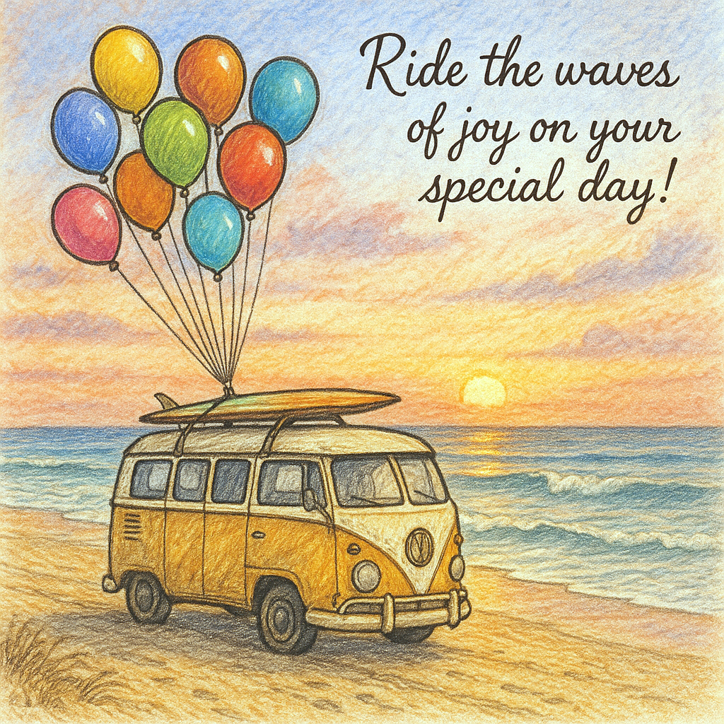 Beach, surfing, camper van, balloons, and Birthday Card