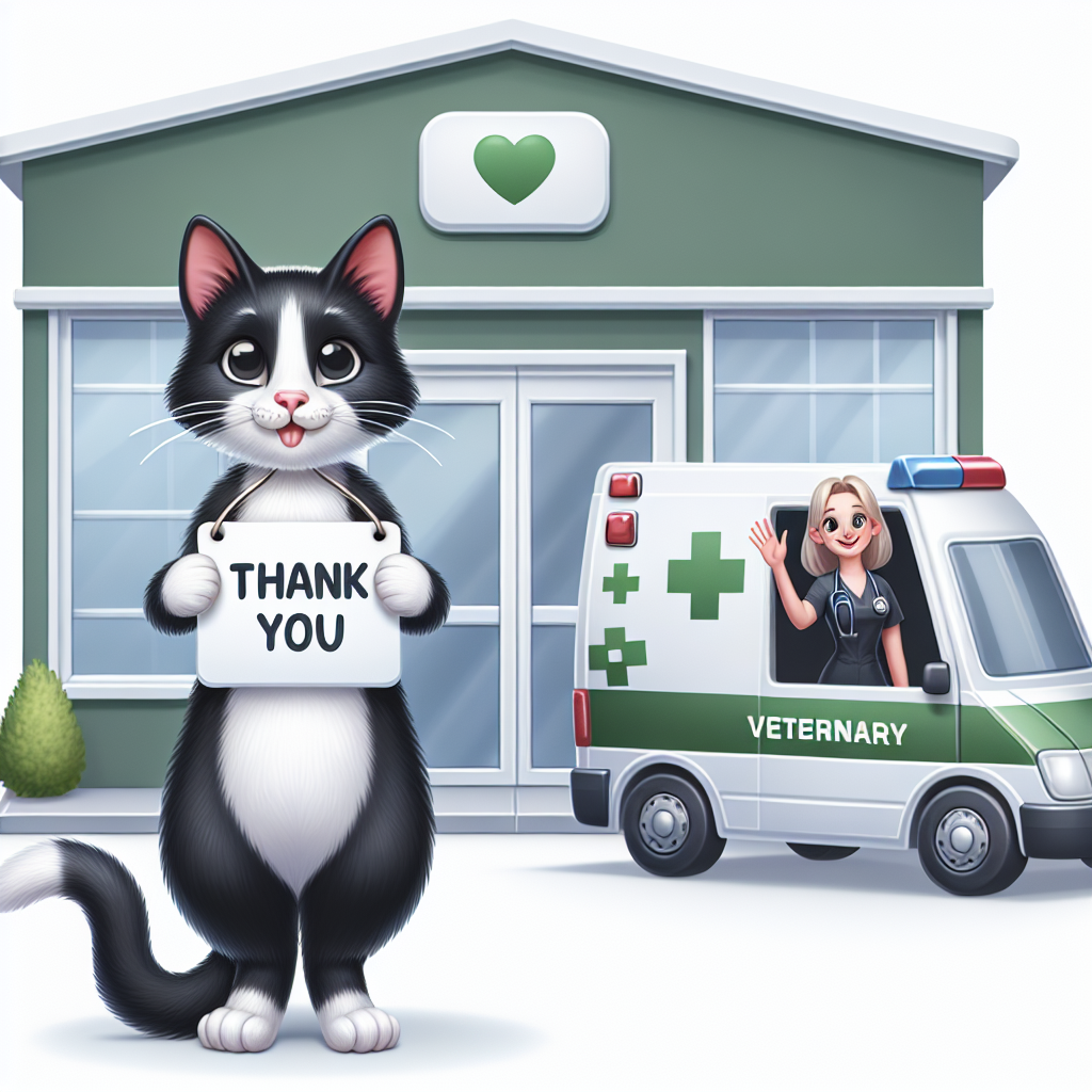 A charming cartoon featuring a black and white cat. It stands upright on its hind legs in front of a veterinary clinic, holding a 'Thank You' sign. In the background, a Caucasian female veterinarian waves from the clinic's doorway. An ambulance is parked beside the clinic, implying the urgency of the services received. This scene is intended to convey gratitude from the cat for the veterinary emergency services provided, enhancing the complexity of the story.
Generated with these themes: Black and white cat, vets, car, ambulance.
Made with ❤️ by AI.