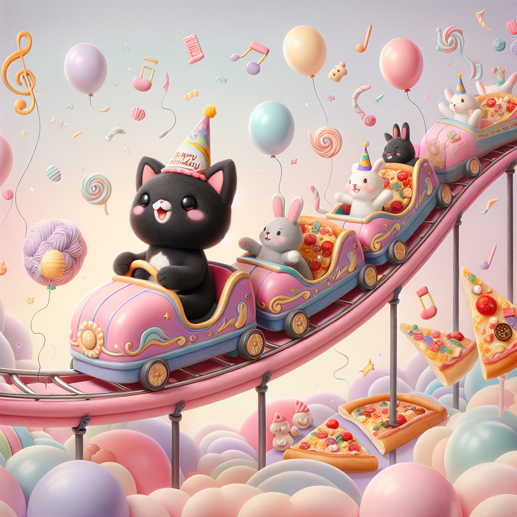 Compose an enchanting birthday image featuring a plush-looking black cat donning a festive hat, joyfully riding a vibrant pink roller coaster. The roller coaster maneuvers through a sea of levitating balloons. At the highest point of the coaster, jubilant rabbits are seen waving from the carts, holding on to slices of multi-colored pizza. The backdrop envelops the scene in gentle pastel hues, with faint musical symbols and confectionery-crafted clouds hovering in the heavens, evocative of a playful and surrealist aesthetic.
Generated with these themes: Black cat, Roller coaster , Rabbits, Pizza, and Melanie Martinez .
Made with ❤️ by AI.