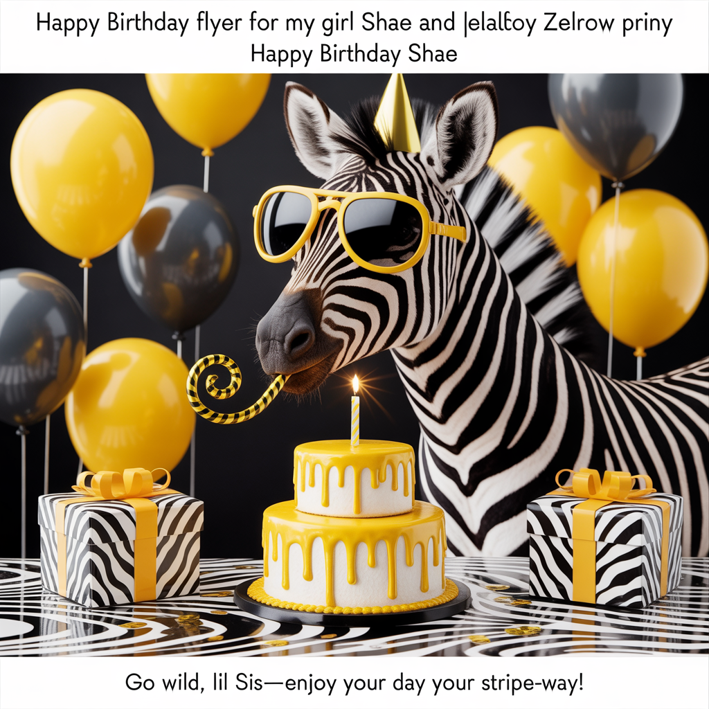Help create a Happy Birthday flyer for my girl Shae in black and white and yellow zebra print happy birthday lil sis enjoy your day your way again happy birthday to you , and Birthday Card