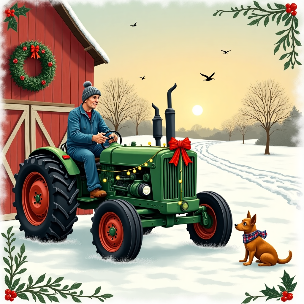 Green tractor , Mechanic , and Border terrier Christmas Card