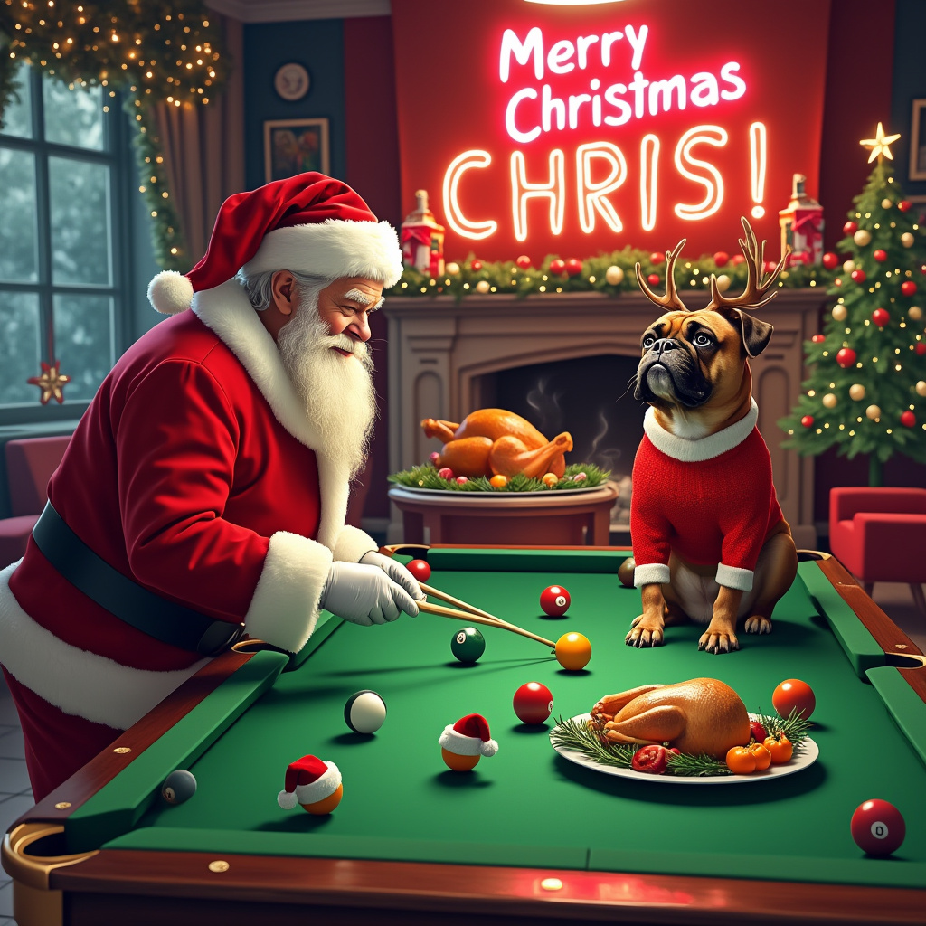 Santa, Boxer dog, Christmas turkey, Pool/snooker, and Boxer dog playing snooker with Santa with Rudolph keeping score and a Merry Christmas Chris in lights Christmas Card