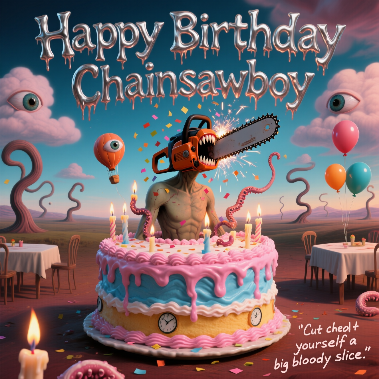 At the top of the Surreal Style image, the text: **Happy Birthday Chainsawboy** in jagged, chrome letters dripping with birthday frosting.  

A dreamlike, bizarre birthday scene in a warped, Dali-esque landscape: a giant birthday cake with layers melting like clocks, its frosting swirling into pink and blue clouds. Emerging from the centre of the cake is a humanoid figure with a roaring chainsaw for a head, confetti tangled in its blade teeth, sparks flying into the surreal sky. The cake’s candles are distorted into writhing, candle-creature tentacles, their flames floating away like tiny hot-air balloons. In the background, warped table legs twist into the horizon, and party balloons morph into floating eyes watching the scene. Lighting is warm yet eerie, with shadows stretching impossibly long, giving a deliciously unsettling birthday vibe.  

Small cheeky caption scrawled in the bottom corner in frosting-like handwriting: *"Cut yourself a big bloody slice."*  
Generated with these themes: Chainsawman, birthday cake, and .
Made with ❤️ by AI.