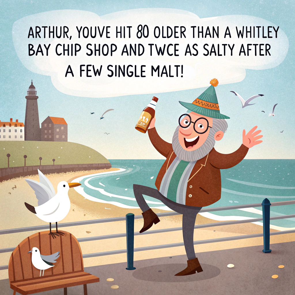 At the top of the image, "Arthur, you've hit 80 — older than a Whitley Bay chip shop and twice as salty after a few Single Malts!"

- In the center of the image, illustrate a lively cartoon scene set on the breezy Tynemouth seafront. Arthur, an animated older gent with a windswept combover and massive cheeky grin, is standing proudly on a bench with a party hat, pint of Newcastle Brown Ale in one hand and a bottle of aged Single Malt in the other.

- Seagulls wearing sunglasses circle above him, trying to nab chips from a floating paper tray, while beach-goers cheer him on like a local legend.

- Behind Arthur, the historic Tynemouth Priory peeks through with “Party Like It’s 1944!” spray-painted playfully across an old stone wall.

- One speech bubble from a nearby amused dog says, "Oy Arthur, save us a dram, ya daft Geordie legend!"
Generated with these themes: Newcastle, Beer, Whitley Bay, Tynemouth, 80, and Single Malt Whisky.
Made with ❤️ by AI.