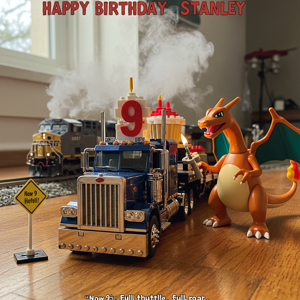 At the top of the Photorealistic picture taken from a camera image, “Happy Birthday Stanley” in bold chrome-red truck‑grille lettering with a soft curl of steam‑train smoke drifting through it.
Ultra‑high‑definition 4K UHD, photorealistic, funny scene shot low from a kid’s‑eye view on a sunlit hardwood floor diorama. Center frame: a shiny American semi truck (classic Peterbilt style, mirror‑polished chrome grille and stacks) hauling a flatbed loaded with a giant LEGO brick “9” sculpture and a cupcake. A LEGO‑brick dragon perches on the truck’s hood like a cheeky hood ornament, tiny jaws open in a playful roar. Behind it, a detailed model train track crosses the scene; an American diesel locomotive rumbles by with crossing lights flashing, adding motion and depth. A live‑action, hyper‑real Charizard leans in from the right, grinning as it gently lights the “9” candle with a tiny, harmless flame—soft glow on the chrome, a wisp of smoke, a drip of melting wax. At the bottom, on a small yellow caution road sign prop, add the single short line of text: “Now 9: Full throttle, full roar!”
Natural golden‑hour window light, crisp lifelike textures on LEGO studs, painted metal, rubber tires, and Charizard’s scales; shallow depth of field with creamy bokeh (50mm lens, f/2.8), sharp focus on the truck grille, LEGO dragon, and Charizard’s flame. Vivid primary colors, playful details, rich depth, no clutter, cinematic contrast, captured as a real photograph.
Generated with these themes: Dragons, Lego, American trucks, trains, charizard, Age 9, and .
Made with ❤️ by AI.