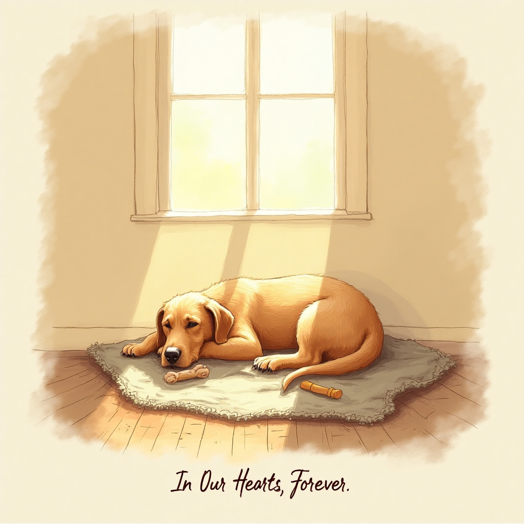 **Image Prompt:**

A gentle, hand-drawn illustration of a cozy, sunlit corner where a faithful old dog used to rest. The dog is depicted as a faint, serene silhouette, peacefully curled up in its favorite spot. Sunlight streams through a window, casting a warm, golden glow over a lovingly worn blanket and a cherished chew toy nearby. The background is softly textured with gentle brush strokes, evoking a sense of calm and nostalgia. In the lower corner, add a small caption in delicate, flowing script: "In Our Hearts, Forever." The color palette is warm and soothing, with shades of cream, soft browns, and gentle golds to convey sincerity and comfort.
Generated with these themes: Dogs, and .
Made with ❤️ by AI.