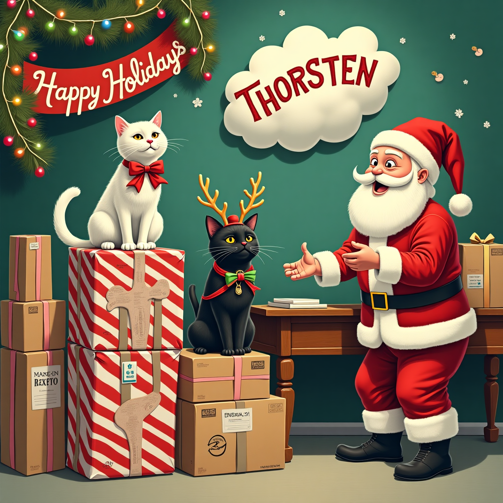 Picture a whimsical Christmas scene inside a lively, oversized shipping warehouse decked out in holiday cheer. At the forefront, we see two mischievous cats, one pristine white with a festive red bow around its neck, and the other an inky black sporting a green bow, playfully tangled in shiny silver handcuffs that jingle like sleigh bells. The duo is perched atop a stack of bright, candy-cane striped parcels. Each parcel bears the unmistakable "Made in USA" stamp, with labels indicating they're bound for Germany. One of the packages is partially open, revealing a folded prison uniform in the unmistakable black and white stripes reminiscent of a Rockwell painting, humorously overlaid with Santa's red hat on top. Above this scene, hanging from the rafters, is a large, festive banner made from colorful, sparkling tinsel and Christmas lights that spell out "Happy Holidays Thorsten" in a playful and cheery font, with tiny painted snowflakes dancing around the letters. A corner of the room features an old-fashioned wooden desk covered in gleaming, intricately designed BDSM kink restraints that echo Beardsley's delicate lines, yet the cuffs are humorously styled with reindeer antlers. An Edward Gorey-inspired shipping clerk dressed in an exaggerated, whimsically oversized red Santa suit, complete with a furry white trim, cheerfully packs another box, with his face hidden by an oversized Santa hat tilted to one side. Above, Maurice Sendak-esque snowflakes drift lazily from a cartoonish cloud, where two playful cherubs giggle as they juggle more boxes, casting shadows that form the letters of "Thorsten" across the fluffy white cloud. Each detail of the illustration cleverly intertwines these disparate themes into a story of holiday cheer and cross-continental mischief.
Generated with these themes: Prison Uniforms, Handcuffs, Bob Barker Prisoner Uniforms, Humane Restraints, BDSM Kink Play, Import Export from USA to Germany, Packaging parcels, Shipping parcels, and Two cats, one white, one black.
Made with ❤️ by AI.
