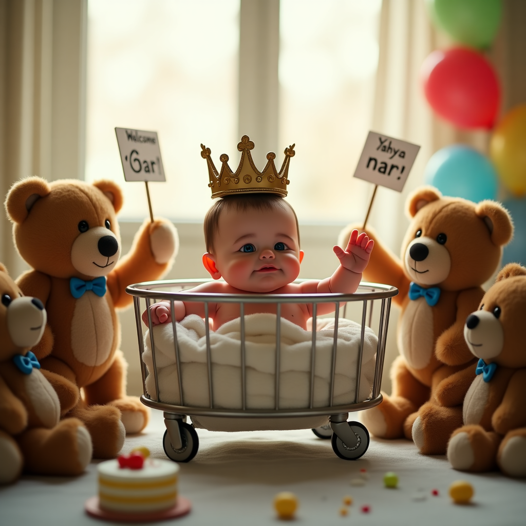 **Prompt:**  
A realistic photograph of a tiny hospital bassinet with a big, comically oversized crown resting on the head of a newborn baby labeled “Yahya Çınar.” The baby has a smug, boss-baby-style facial expression, one hand raised like a mini-celebrity greeting their royal subjects. Around the bassinet, adoring teddy bears in bowties hold tiny “Welcome Yahya Çınar!” signs and snap photos with toy cameras. Soft sunlight filters in through a hospital window, casting a warm golden glow. A celebratory chaos of balloons, rattles, and a half-eaten slice of cake nearby suggests a surprise “baby shower party crasher” arrival.
Generated with these themes: Welcome Yahya Çınar.
Made with ❤️ by AI.