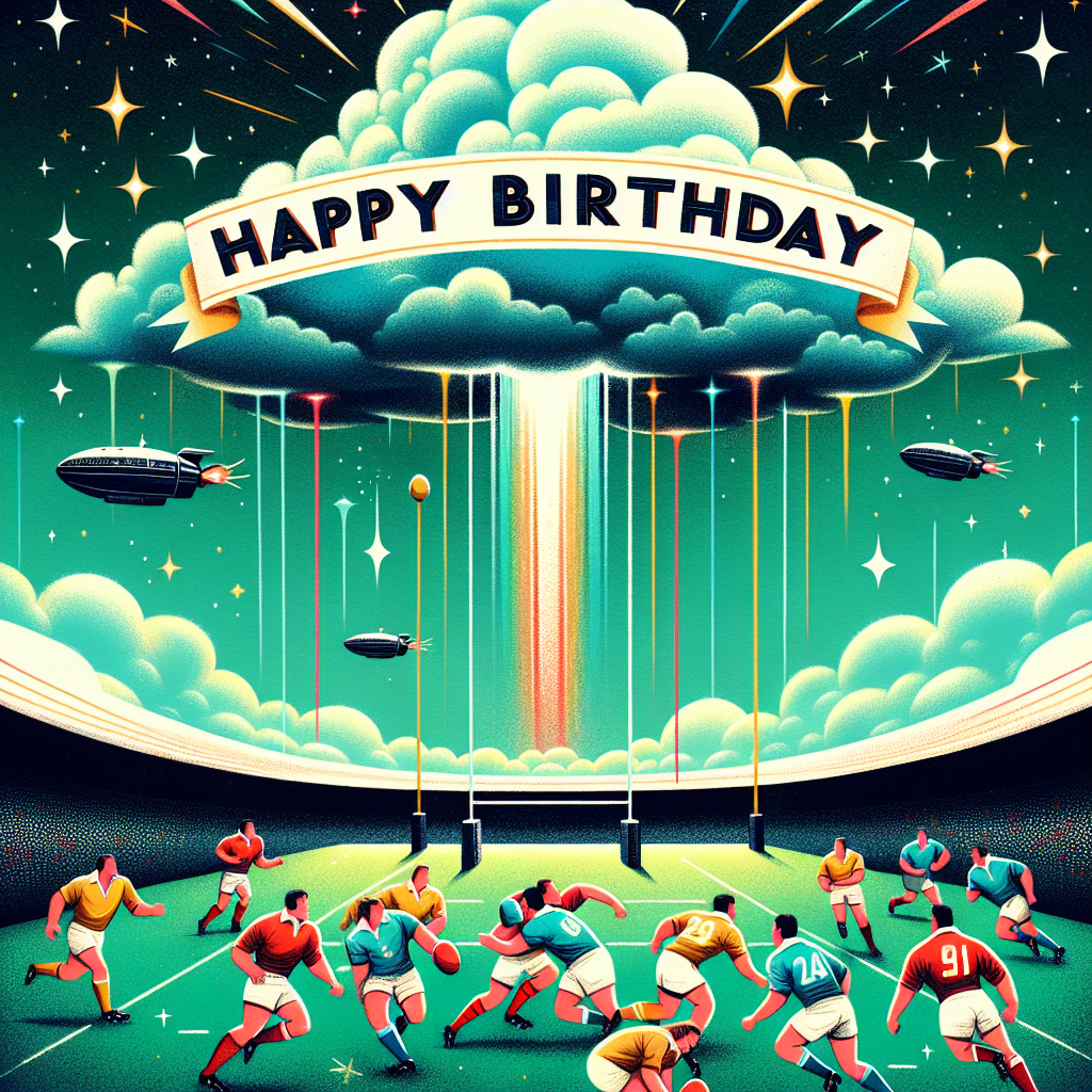 Design a whimsical birthday card illustration with the central theme being a lighthearted rugby match happening on a vibrant, green field. The players should be wearing colored uniforms in gold, blue, and red. The sky above should be sparkling with stars, featuring a vague cloud formation suggestively resembling a spaceship. A festive 'Happy Birthday' banner, penned in a futuristic font, should be stretching above this playful scene. The overall ambiance should reflect the thrill and excitement characteristic of a sport event blended with the intrigue of science fiction.
Generated with these themes: Rugby, and Star trek.
Made with ❤️ by AI.