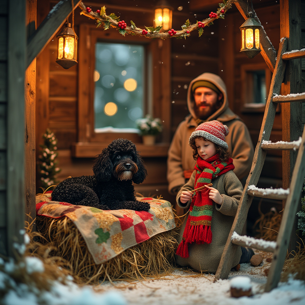 Black poodle, and Mary knitting, Joseph singing with poodle in manger all inside stable Christmas Card