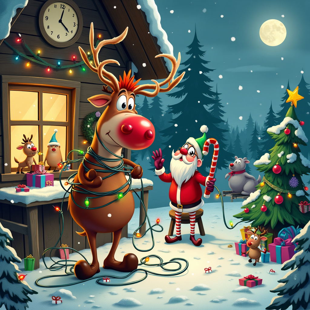 In a whimsical snowy landscape, set the scene in Santa's bustling workshop on Christmas Eve. Picture an old-fashioned yet cozy wooden cabin, adorned with twinkling multicolored lights and festive decorations, nestled among towering snow-covered pine trees. 

Front and center, a clumsy reindeer named Rudy is tangled in a string of Christmas lights. His wide, cartoonish eyes are crossed, his tongue is out, and his antlers are hilariously wrapped in the lights, some of which are still glowing. Rudy's red nose is not like Rudolph's; it's a huge, red clown nose that adds to the comedic effect.

Next to Rudy is an elf named Tinsel, who is holding a giant candy cane like a shepherd's crook, attempting to help untangle Rudy. Tinsel's pointy hat is askew, his tiny round glasses are perched at the end of his nose, and his striped stockings are mismatched. He’s standing on a stool that's dangerously wobbly, giving a sense of impending humorous disaster.

In the background, several other elves are engaged in their own comical antics. One is holding a list that's ridiculously long, rolling it out like a scroll that curls around the workshop floor. Another elf is using a slingshot to shoot ornaments onto a giant Christmas tree that is already leaning precariously to one side under the weight of far too many decorations.

On the wall behind them, a large clock reads five minutes to midnight, and a portrait of Santa with a mischievous wink hangs slightly crooked. An oversized bag of gifts with colorful wrapping spills over, with toy trains, dolls, and teddy bears poking out.

Outside the window, you can see Santa’s sleigh parked, with reindeer impatiently pawing the snow, ready to take off. Snowflakes gently fall, and the moon is high, casting a gentle glow over the whole scene.

This card captures a moment of delightful chaos, filled with visual gags and festive details, paying homage to the likes of Schulz, Disney, and Larson.
Generated with these themes: Reindeer, and Elf.
Made with ❤️ by AI.