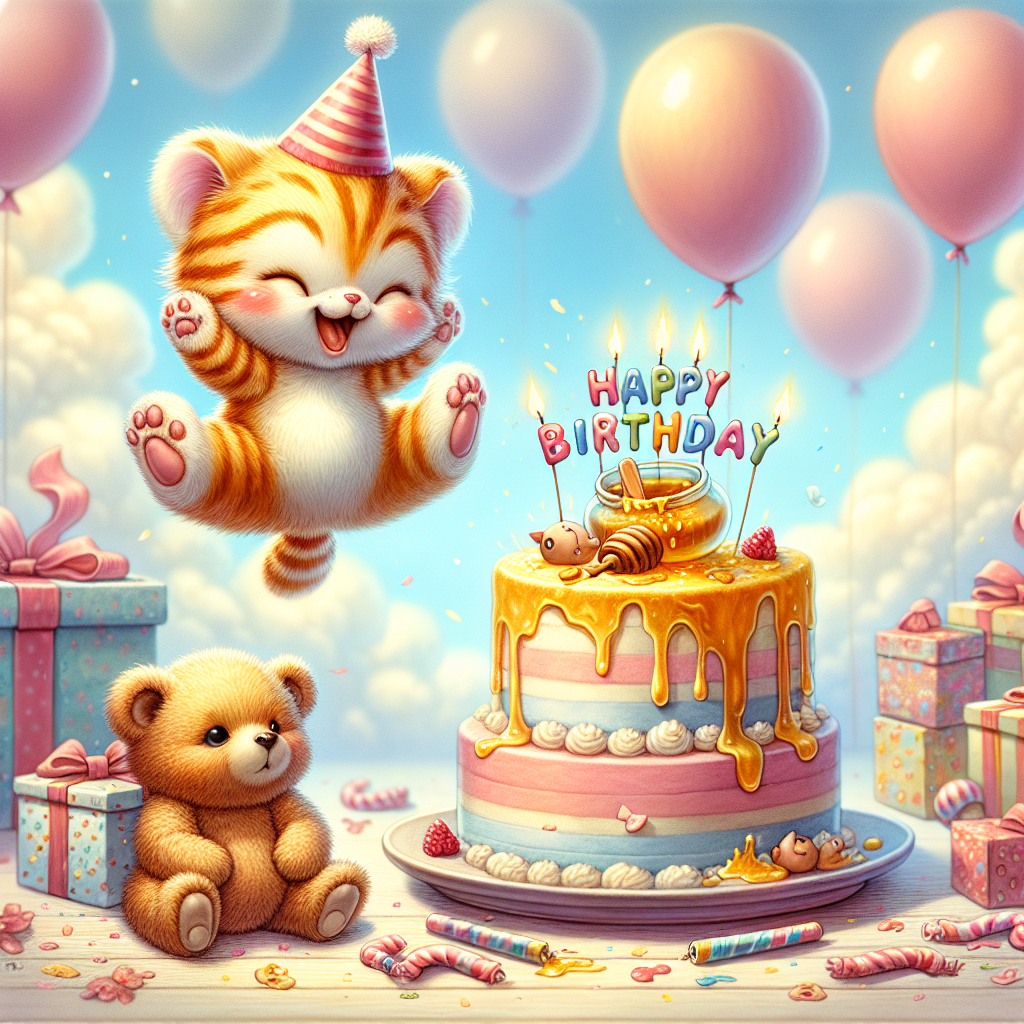 The first variation involves an enchanting birthday scene set against a background of gentle pastel balloons and billowy clouds. In the middle, a playful orange-striped bouncing creature, akin to a feline or a marsupial, jubilantly jumps next to a cake decorated with spilled honey pot and 'Happy Birthday' letters made of icing. Simultaneously, a teddy bear sits peacefully, a crimson party hat skewed on its head, encapsulated by presents swathed in energetically patterned wrapping.
Generated with these themes: Tigger, and Winning the pooh.
Made with ❤️ by AI.