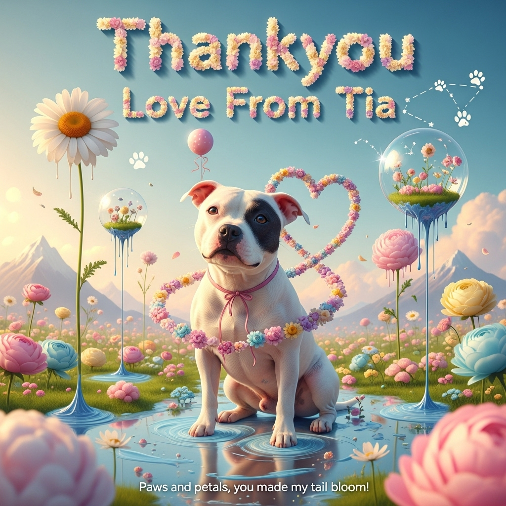 White staffy with black patch over left side of face, Flowers, , and Thank-you Card