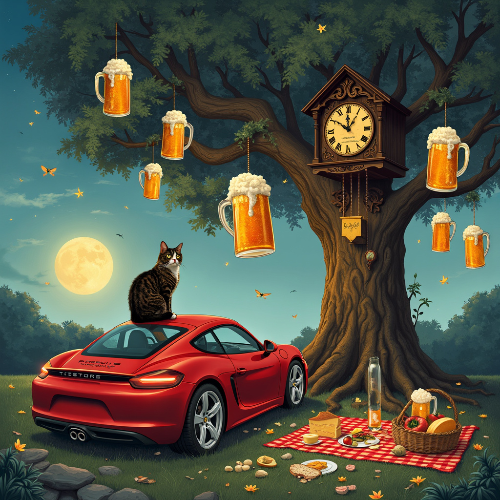 In the foreground, a sleek, cherry-red Porsche Cayman sits proudly, its curves glistening under an ethereal, moonlit sky. The car’s headlights project beams that illuminate the surreal landscape ahead. Sitting atop the hood, in a relaxed and almost regal pose, is a calico cat with a luxurious, multi-colored coat. The cat's eyes gleam with a hint of mischief as it gazes into the distance. 

Directly behind the Porsche, an ancient oak tree spreads its gnarled branches wide, festooned with oversized, frothy beer mugs that hang like whimsical fruits. Each mug is filled to the brim, with sudsy foam spilling over the edges, catching the moonlight and giving off a golden glow. The beer mugs dangle from the branches by ornate, vintage hooks and chains, their intricacies reminiscent of Aubrey Beardsley's elaborate designs.

Nestled among the roots of the oak tree, a quaint picnic setup can be seen, complete with a checkered blanket and an assortment of traditional picnic foods. The blanket is strewn with sandwiches, cheese wheels, and baskets of fruit, all carefully illustrated with the attention to detail that harks back to Beatrix Potter’s charming depictions of countryside life.

In the background, the landscape transforms into a dreamy, Maurice Sendak-inspired world where fantastical creatures roam freely. Gentle giants with soft, round features peek curiously from behind the trees, while tiny fairies with delicate, shimmering wings flutter about, their trails leaving sparkles in the air. 

Near the top of the scene, an oversized, fantastical cuckoo clock with intricate wood carvings in the style of Arthur Rackham's illustrations strikes midnight. From its doors, a cheerful, anthropomorphic beer bottle emerges, toasting to the celebration with a raised glass, a nod to Edward Gorey's playful yet macabre touch.

The sky above is a blend of midnight blue and twilight purple, dotted with Maxfield Parrish-like clouds that seem almost touchable. Scattered throughout the sky are Gustave Doré-esque stars, intricately detailed and shimmering with an almost divine light. 

Overall, this surreal birthday scene tells a whimsical story of celebration, blending elements of reality with fantasy in a harmonious and detailed composition, perfect for a unique and memorable greeting card.
Generated with these themes: Porsche cayman, Calico cat, and Beer.
Made with ❤️ by AI.