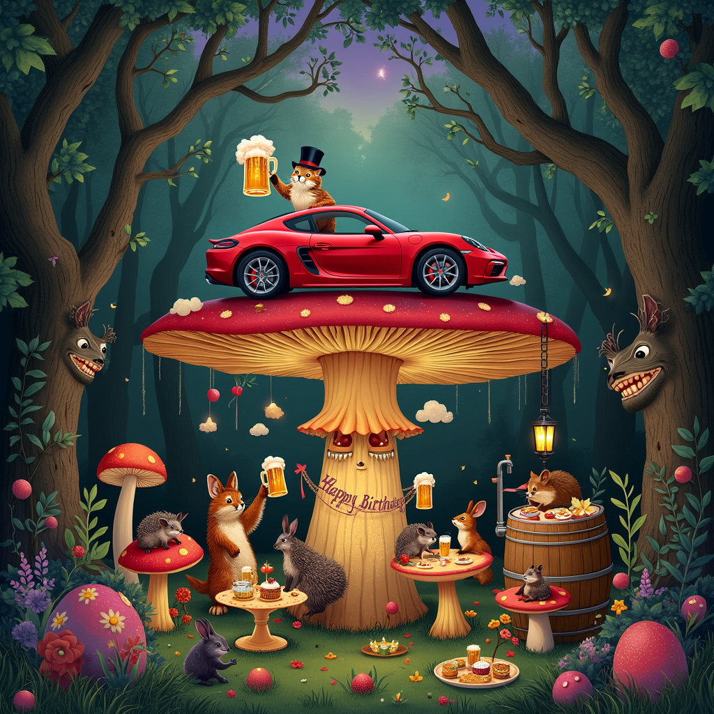 In the middle of an enchanted forest, under a kaleidoscopic, twilight sky dappled with hues of violet, teal, and gold, a surreal birthday celebration unfolds. Dominating the scene is a sleek, cherry-red Porsche Cayman, not on a road, but rather whimsically balanced atop a giant mushroom with an iridescent cap, whose luminous glow illuminates the scene below.

Perched on the car's open sunroof, with one paw casually draped over the edge, is a dapper calico cat. The cat is wearing a miniature top hat and monocle, adding a touch of sophistication. The cat’s other paw holds up a frothy beer mug larger than its head, foam spilling over the edges and sparkling like stardust in the ethereal light. 

Around the base of the mushroom, a party is in full swing. Mushrooms of varying sizes and colors serve as tables and chairs for a diverse cast of woodland creatures, including a family of hedgehogs, a pair of dancing rabbits, and a fox playing a tiny fiddle. Each creature holds a tiny beer mug, raising a toast to the calico cat above. Plates laden with fairy cakes, candied fruits, and peculiar shaped pastries add to the festivity, and tiny lanterns dangle from the mushroom stems, casting a warm, inviting glow.

To the side, an ancient, twisted tree with an anthropomorphic face grins widely, its branches festooned with streamers and balloons. The tree’s gnarled roots cradle a vintage beer barrel, with a spigot dispensing endless mugs of frothy, golden ale. A banner strung between two lower branches reads, "Happy Birthday" in ornate, flowing script, reminiscent of Beardsley’s intricate designs.

Behind the mushroom and its festive crowd, the dense forest stretches out, each tree seemingly leaning in to catch a glimpse of the revelry. Lush greenery, sparkling with morning dew and dotted with vibrant flowers, carpets the ground. The foliage frames the central scene like an elaborate stage set, blending elements of Rackham's intricate detail and Parrish's fantastical use of light and color.

In the background, a waterfall cascades into a crystal-clear pool, reflecting the surreal colors of the sky, and just above it, a pair of owls dressed in Victorian-era waistcoats and bow ties clink tiny beer mugs together, adding an extra touch of whimsy to this fantastical celebration.

This is a birthday scene like no other—a quirky, creative, and utterly enchanting tableau where every element tells a story, each detail meticulously designed to create a surreal, unforgettable greeting card front cover.
Generated with these themes: Porsche cayman, Calico cat, and Beer.
Made with ❤️ by AI.