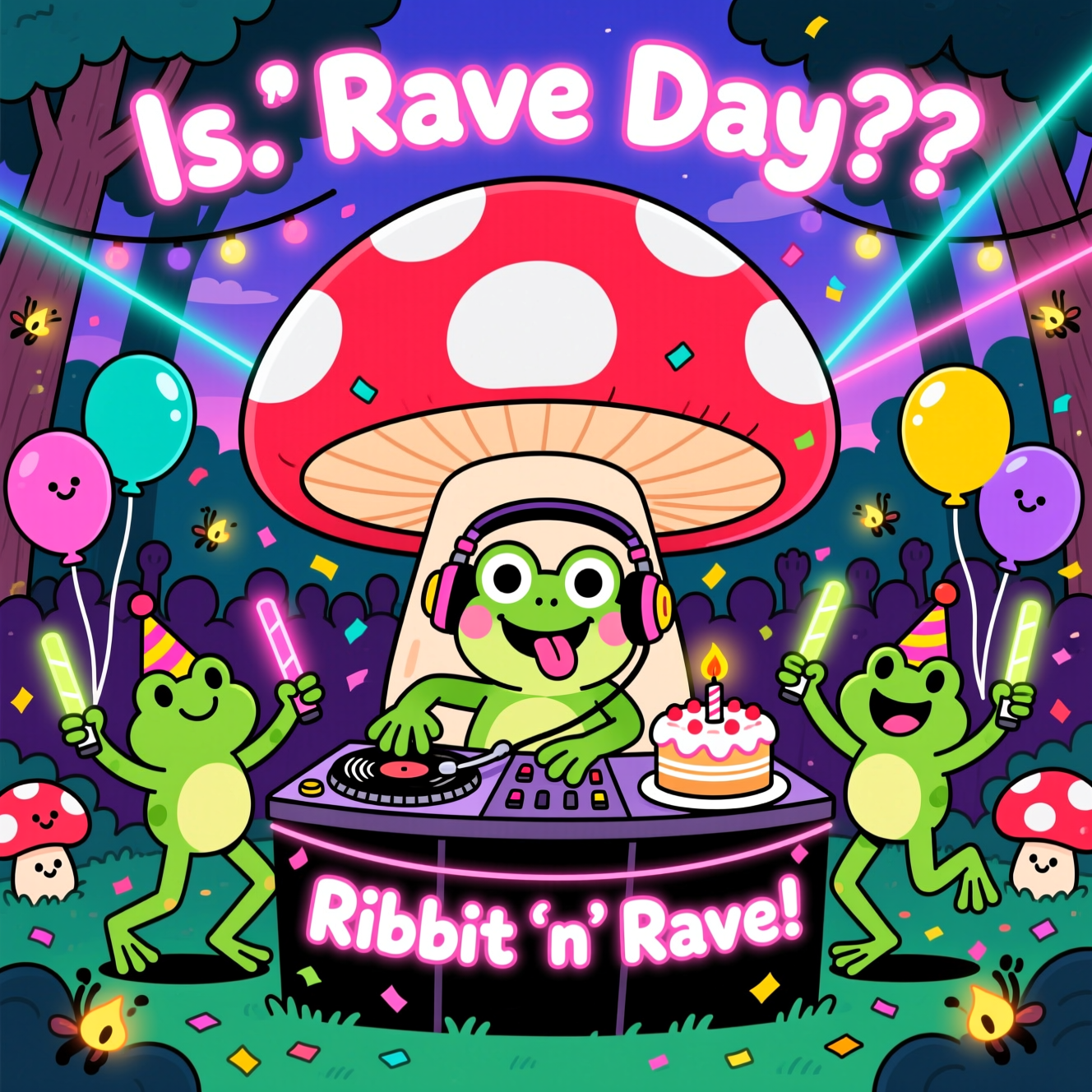 At the top of the Cartoon Style image, Is it rave day ??

Cute, playful cartoon scene of a neon forest rave filled with giant mushrooms: a huge red-and-white toadstool is the DJ booth, with a big-eyed frog DJ in oversized headphones grinning as they scratch a lily-pad vinyl with a sticky tongue. Two bouncy frog dancers with party hats and glowsticks rave on either side, striking whimsical, energetic poses. A mini mushroom-shaped birthday cake with a single candle sits on the booth; confetti, balloons, and laser beams slice through a twilight sky. Friendly little mushrooms with faces wiggle in the crowd while fireflies act like disco lights. Bright saturated colors (electric teal, lime, hot pink, sunshine yellow, deep purple), thick black outlines, chunky shapes, soft shading, sparkles, and glow trails. Add one small line of extra text on a tiny neon banner across the DJ booth that reads: Ribbit ‘n’ Rave! Set the main text in chunky bubble letters with white fill and hot-pink outline, gently arced, keeping all other areas text-free. Full-bleed vertical composition, crisp and cute mood.
Generated with these themes: Frogs, Mushrooms, Rave, Dj, and .
Made with ❤️ by AI.
