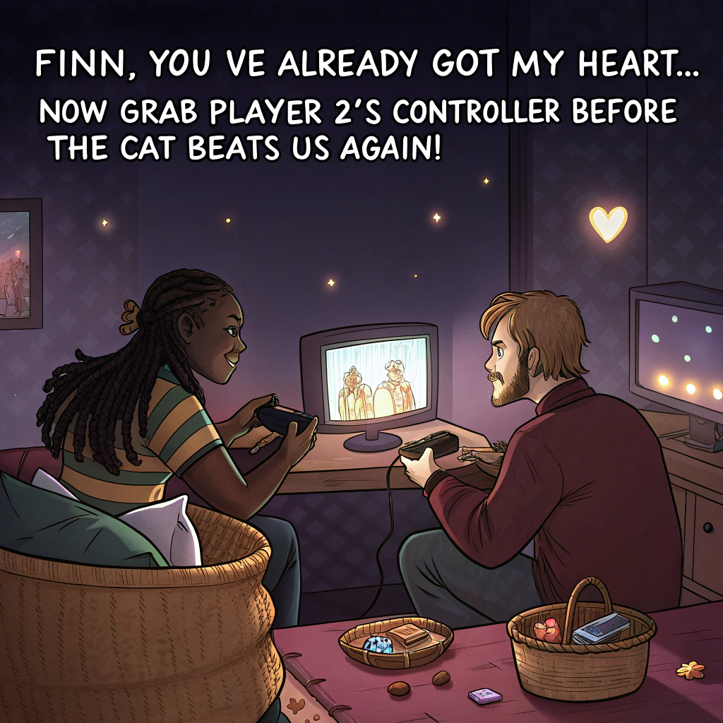 Generate an image of a warm and inviting Valentine's Day setting inspired by the world of gaming. The scene at the center comprises a couple; a black female with braids and a white male with brown hair, sitting their table, utterly absorbed in video game. Dim light emanating from nearby computer screens, featuring retro games, softly illuminates their figures. There's a basket near them filled with heart-shaped cookies, enticing anyone who may glance their way. Contributing to the overall delightful atmosphere of the setting are some playful cats with pixel-art hearts floating above their heads, happily purring while snuggling near the gaming pair. Valentines-day Card