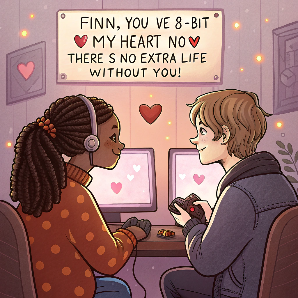 Generate an image of a warm and inviting Valentine's Day setting inspired by the world of gaming. The scene at the center comprises a couple; a black female with braids and a white male with brown hair, sitting their table, utterly absorbed in video game. Dim light emanating from nearby computer screens, featuring retro games, softly illuminates their figures. There's a basket near them filled with heart-shaped cookies, enticing anyone who may glance their way. Contributing to the overall delightful atmosphere of the setting are some playful cats with pixel-art hearts floating above their heads, happily purring while snuggling near the gaming pair. Valentines-day Card