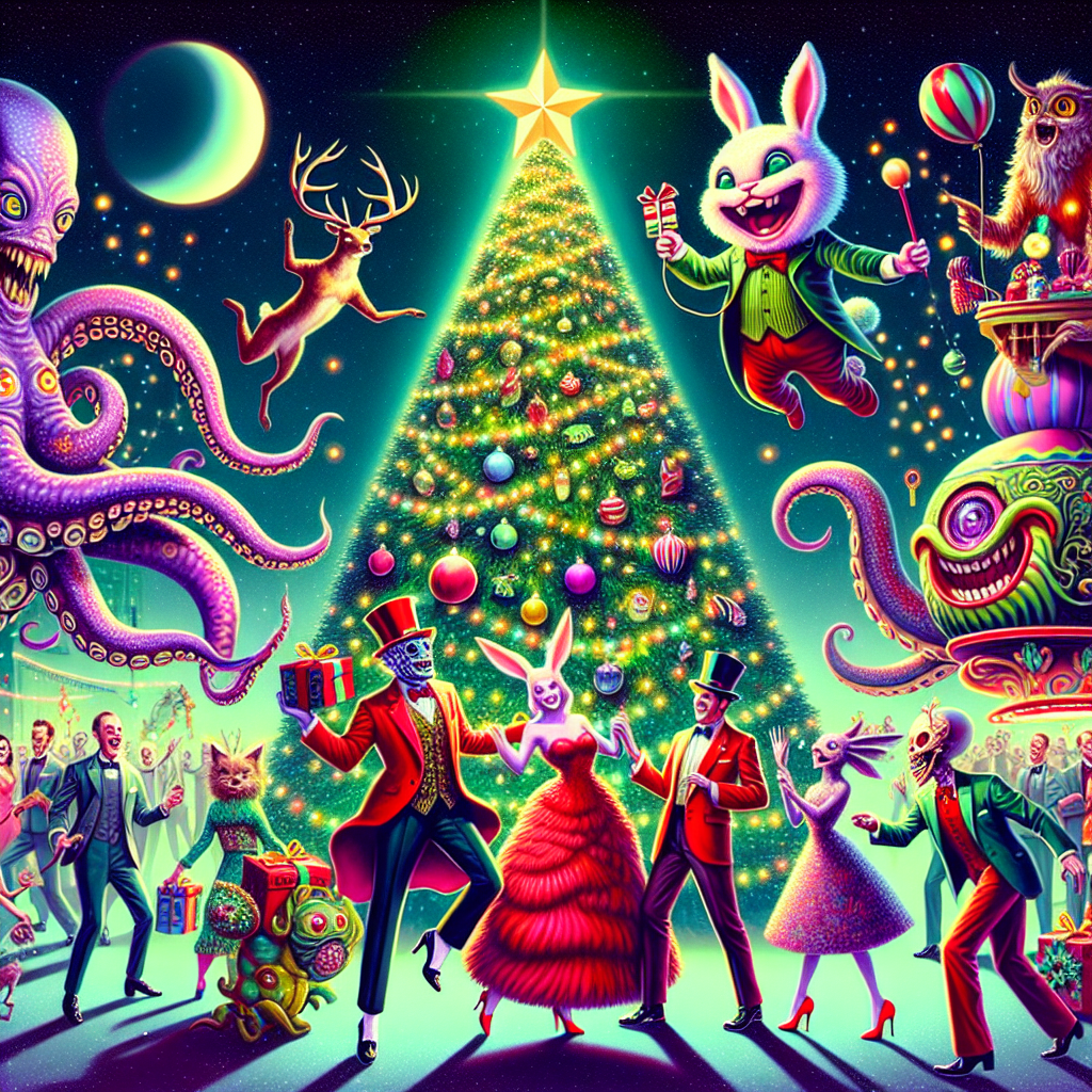 Christmas tree, Rabbits, Zombies, Dancing, Sexy pin ups , Red high heels, Father christmas, Fairy lights, and Octopus Congratulations Card