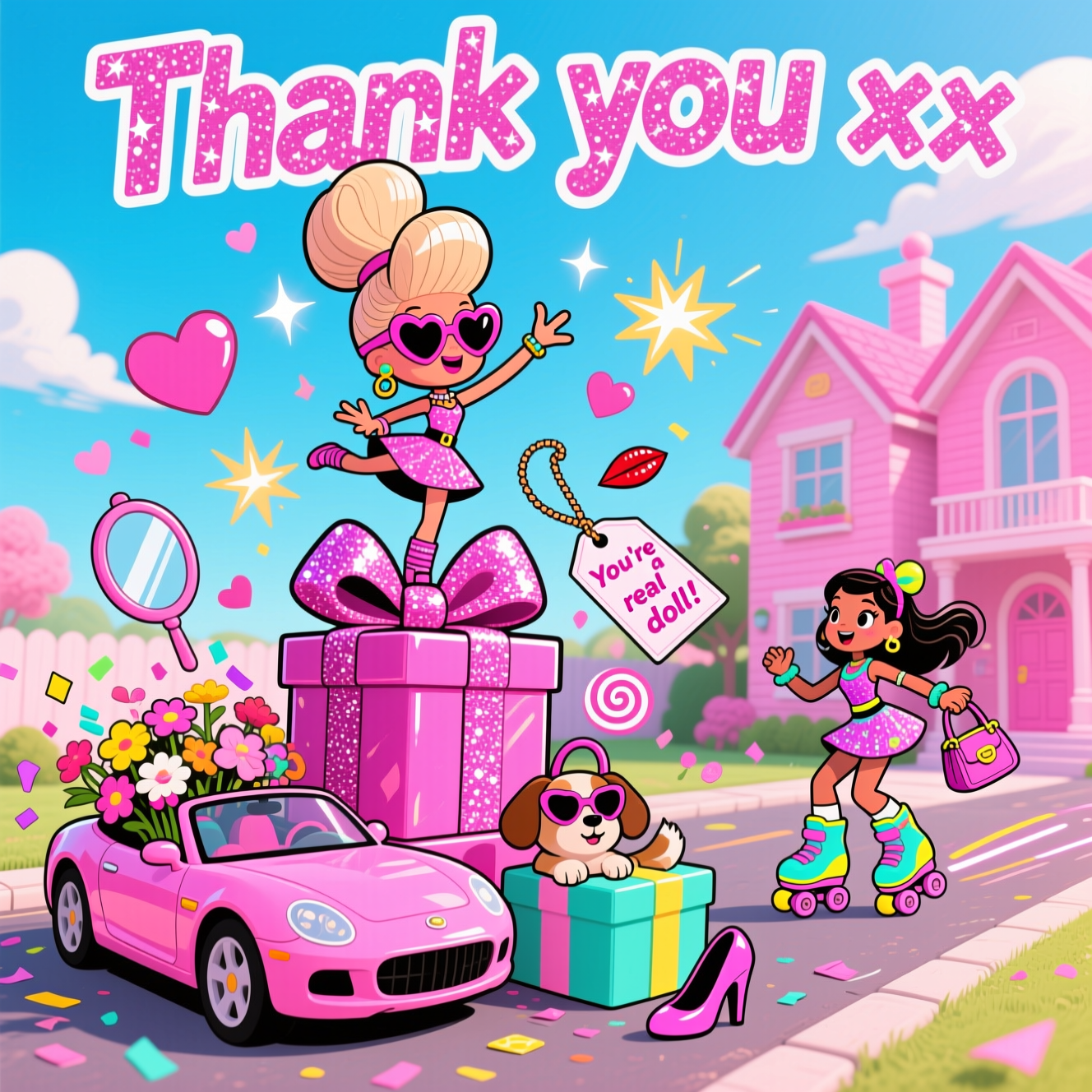 At the top of the Cartoon Style image, Thank you xx

Full-bleed, vertical, playful cartoon with thick outlines and bright saturated colors, bursting with Barbiecore energy. Scene: a candy-pink dreamhouse driveway under a sunny sky. Center stage, an exaggerated doll-inspired fashionista with skyscraper hair and giant heart sunglasses strikes a dramatic ta-da pose atop a teetering stack of glossy pink gift boxes tied with an oversized sparkly bow. Beside her, a toy-like hot-pink convertible stuffed with flowers and confetti; a tiny purse dog in shades pops its head out. Another fabulously dolled-up friend zips past on neon rollerblades with a comically tiny handbag. Floating around them: hearts, starburst sparkles, lipstick, high heels, mirrors, and swirls of glitter with energetic motion lines for a funny, over-the-top vibe. Palette: layers of pink-on-pink with pops of aqua, lemon, and lilac; bold black outlines, chunky cel shading, and glossy highlight shine. Style the top text in big bubbly candy-pink lettering with a thick white outline and sparkle glints.

Add a single small caption for humor: on the dangling glittery gift tag tied to the big bow, text reads: "You're a real doll!" in chunky rounded letters.
Generated with these themes: Barbie barbie barbie , and .
Made with ❤️ by AI.