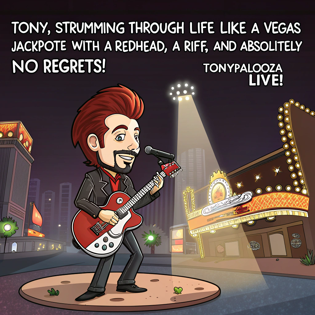 At the top of the image, "Tony, strumming through life like a Vegas jackpot—with a redhead, a riff, and absolutely no regrets!"  

- In the center of the cartoon-style image, illustrate a cheeky scene of Tony—brunette hair slicked back, goatee twirling in the spotlight—rocking out on a sparkling electric guitar shaped like a giant poker chip.

- He stands atop a stage in the middle of a bustling Las Vegas casino, neon signs flashing “TONYpalooza LIVE!” above him.

- On his arm clings a glam red-haired woman in a dazzling sequined dress, winking toward the viewer while tossing red dice in the air.

- Slot machines in the background spell out "H-A-P-P-Y-B-D-A-Y" in spinning reels, while a group of Elvis impersonators dances nearby holding birthday balloons and oversized playing cards.

- A few bewildered tourists cheer, holding drinks and popcorn, clearly unsure if they’ve stumbled into a show or a dream.
Generated with these themes: Man with brunette hair and goatee facial hair playing the guitar in Las Vegas casino with a red hair woman on his arm, and .
Made with ❤️ by AI.