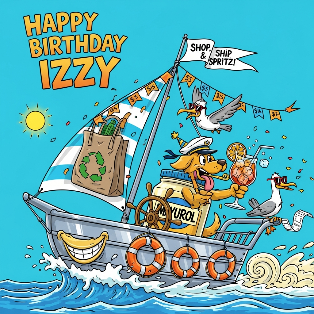 At the top of the Cartoon Style image, "Happy birthday Izzy"

Playful, funny cartoon scene on a sunny turquoise sea: a sailboat made from a shiny metal shopping cart zooms across bubbly waves, a striped reusable-bag sail billowing, price-tag bunting fluttering. At the helm, a golden retriever captain with an oversized sailor hat and party blower, tongue out, steering a giant mayonnaise jar used as the ship’s wheel, while balancing a tall, sparkling Aperol spritz with a big orange slice and clinking ice. Exaggerated proportions, thick black outlines, bright saturated colors, energetic, whimsical poses. Confetti swirls, orange-slice lifebuoys dangle from the rails, and a cheeky seagull with sunglasses drafts behind, towing a fluttering receipt like a windsock. The wake swirls into a creamy mayo smile. Big, bouncy, hand-lettered header up top; everything crisp 2D vector-cartoon with bold shapes, simple shading, and punchy highlights. Add one small pennant flag on the mast that reads: "Shop, ship & spritz!"
Generated with these themes: Shopping, Sail boat , Golden retriever , Aperol spritz , Mayonnaise , and .
Made with ❤️ by AI.