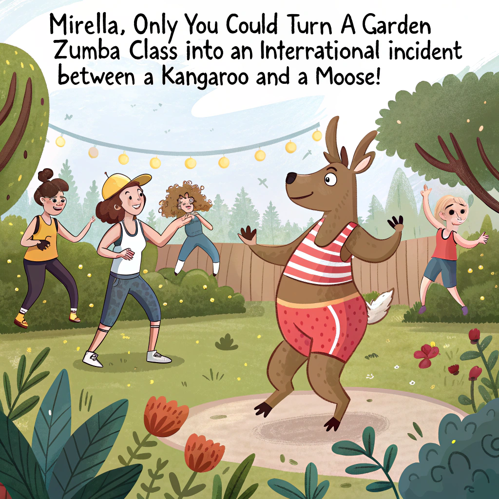 At the top of the image, "Mirella, only you could turn a garden Zumba class into an international incident between a kangaroo and a moose!"

- Create a realistic photograph-style scene of a lush backyard garden party that has gone hilariously out of control. In the middle of a zumba class, a fit kangaroo wearing sweatbands is trying to keep up with a very enthusiastic moose in leggings and a Canadian flag tank top, both clearly off-beat but giving it their all. Mirella stands in the center, confidently leading the session in full Aussie Zumba instructor mode—whistle in mouth, sunnies on, with a watering can doubling as a dumbbell. Party guests around the garden cheer with cupcakes and maple syrup cocktails, mid-salsa move.

- Add funny small details: garden gnomes in activewear attempting Zumba moves, eucalyptus and maple leaves floating in the air, a BBQ in the background manned by a confused platypus.

- Keep lighting bright and colorful to emphasize a cheerful and chaotic birthday energy.
Generated with these themes: Garden, Zumba, Australia, and Canada.
Made with ❤️ by AI.