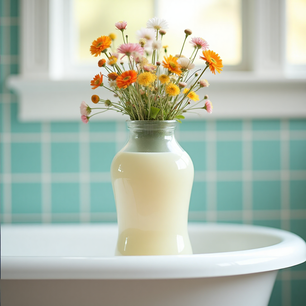 **Image Prompt:**

Capture a delightful scene for a new-baby greeting card. Picture a vintage 1990s Matey bubble bath bottle creatively repurposed as a vase, brimming with a charming assortment of wildflowers. This playful vase rests gracefully on the edge of a bathtub, with a backdrop of classic white and blue tiled walls that evoke a sense of nostalgia. The composition should be ultra-high-definition 4K UHD, with meticulous attention to lifelike textures, accurate lighting, and rich depth of field, ensuring every detail is vividly realistic.

**Text Suggestion:**

Below the image, in a whimsical and gentle font, add the caption: "A new bloom in the garden of life!"
Generated with these themes: .
Made with ❤️ by AI.