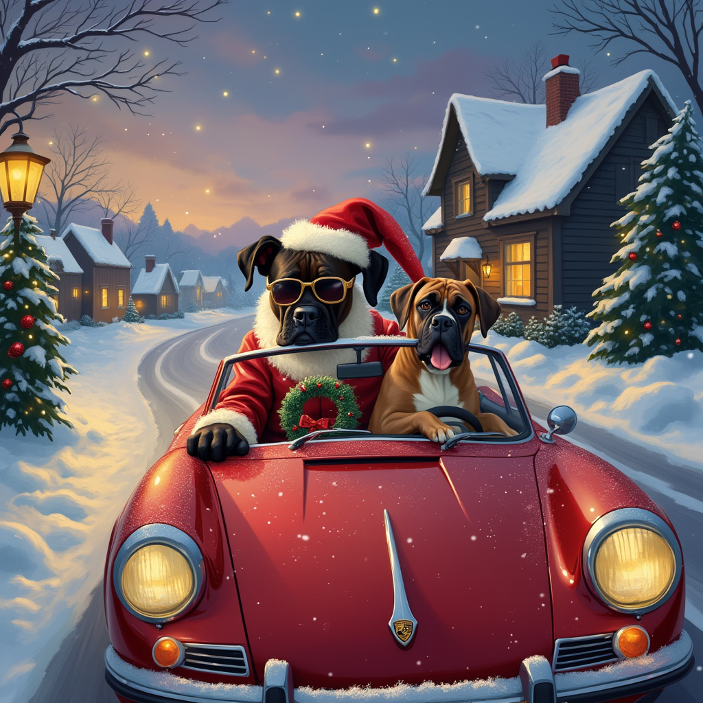 In this whimsically charming Christmas card scene, we find a delightful tableau where Santa Claus has taken a detour from his traditional sleigh and reindeer for something more modern: a gleaming cherry-red Porsche 911. Santa, in his classic red suit, complete with fluffy white trim, is sitting in the driver’s seat, his iconic hat slightly askew as if caught in the wind. His twinkling eyes peer through stylish aviator sunglasses, adding a playful touch to his timeless image. Next to him, riding shotgun, is an exuberant Boxer dog, its brindle coat shining under the soft glow of Christmas lights that line the nearby snow-covered cottages. The Boxer, with its characteristic playful expression, has its head joyously out of the window, ears flapping as it takes in the brisk winter air. The Porsche itself is adorned with a subtle dusting of snow, and from the rearview mirror dangles a miniature wreath, adding a festive flair to this high-speed holiday ride. In the background, a sky of dusk is painted with soft lavender and deep indigo hues, dotted with stars that twinkle like glitter. A cozy village is nestled in the distance, with chimneys puffing lazy curls of smoke, suggesting warmth and celebration. Snow gently blankets the scene, transforming the road into a sparkling winter wonderland. This card captures the spirit of adventure and the joy of Christmas, blending the timeless tradition of Santa with a modern twist.
Generated with these themes: Santa Claus , Boxer Dog, Porsche 911, and Santa driving Porsche with Boxer dog .
Made with ❤️ by AI.