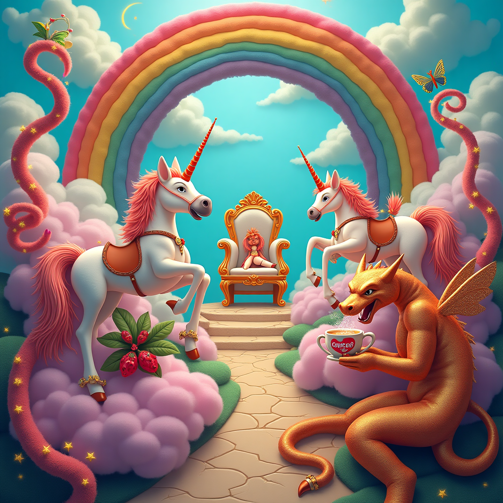 **Image Prompt:**  

At the top of the abstract image, "Spank You Very Much, My Obedient Hero!"  

Create an abstract, surreal, and humorous fantasy scene inspired by playful kink aesthetics — think a dreamy kingdom ruled by stiletto-wearing unicorns with leather saddles, lounging on fluffy clouds shaped like fuzzy handcuffs. A sparkling whip-shaped rainbow arches across the sky, leading to a throne made of satin and glittering heels. Candy-striped vines twirl through the background, gently restraining grinning fairies in latex armor, sipping from teacups that read “#1 Buyer.” In the corner, a dragon wearing heart-shaped nipple tassels blows sparkles instead of fire. Use vibrant colors and bold textures to infuse fun, cheeky whimsy with hints of classy kink.
Generated with these themes: Fantasy, fun and kink!.
Made with ❤️ by AI.
