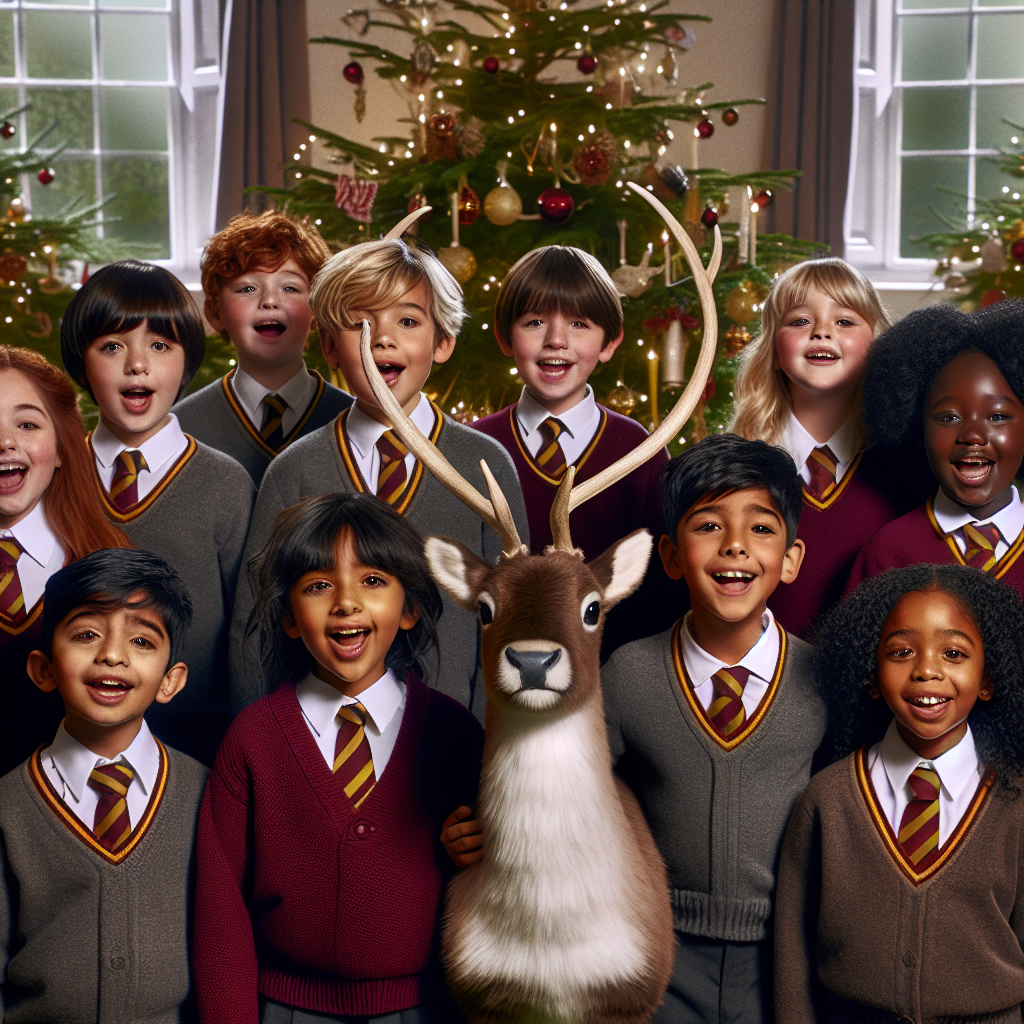 Mixed races of children in maroon school jumpers with grey blazers and yellow and maroon striped ties sing carols with a pet reindeer, and Christmas tree Christmas Card