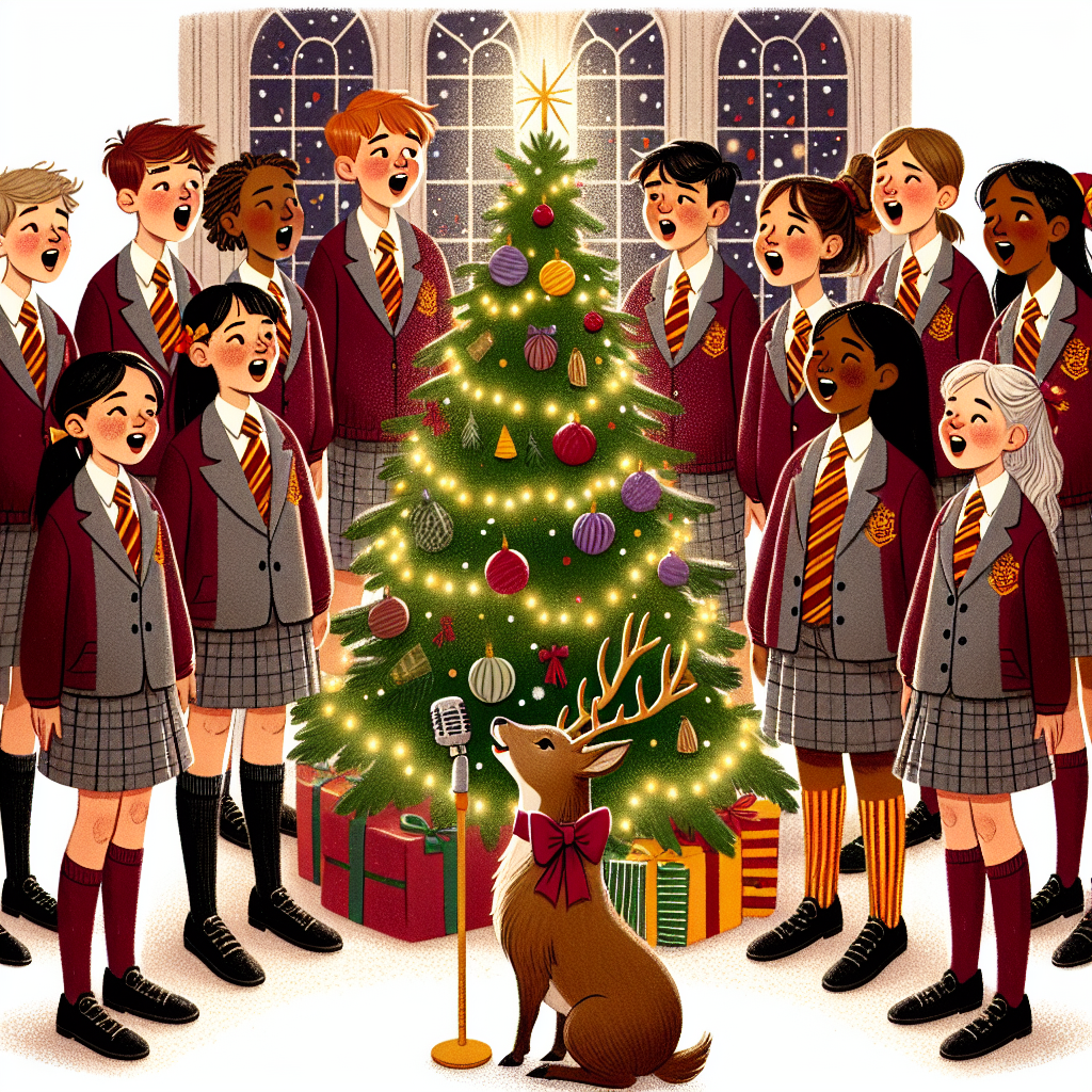 Mixed races of children in maroon school jumpers with grey blazers and yellow and maroon striped ties sing carols with a pet reindeer, and Christmas tree Christmas Card