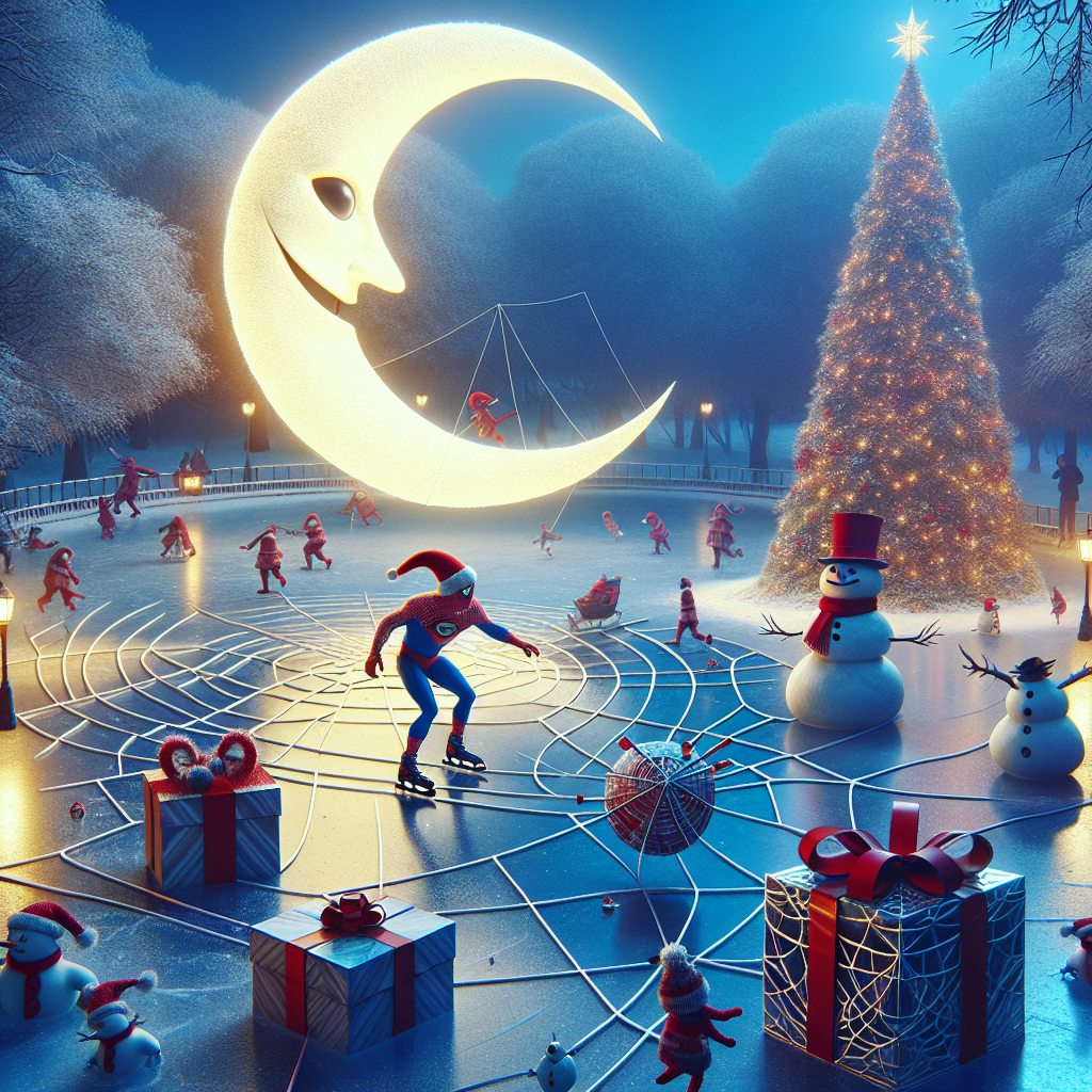 In a snowy, dreamlike park, a large, grinning crescent moon wears a Santa hat and hovers above a frozen pond. Spiderman, skating on the ice, draws intricate webs that spell out 'Merry Christmas'. Bizarrely shaped snowmen with three eyes and candy cane arms stand guard around a twinkling Christmas tree that floats just above the ground. Cartoonish gifts clumsily wrapped in webbing amble around on tiny feet, adding to the whimsical chaos of the scene.
Generated with these themes: Spiderman.
Made with ❤️ by AI.