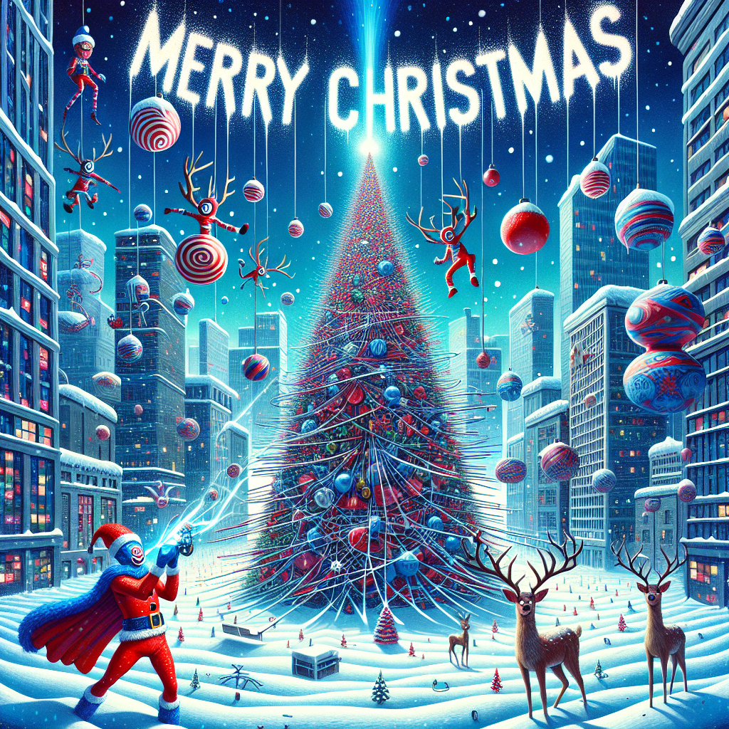 A topsy-turvy cityscape blanketed in snow serves as the backdrop to an oversized, decorated Christmas tree. Sprawled across the branches, Spiderman, clad in a Santa hat, playfully wraps webbing around the tree like tinsel. Cartoon reindeer with elongated legs roam the streets, noses aglow, while surreal, mismatched ornaments float in the sky. Prominently displayed in the air, composed of webbing, is the text 'Merry Christmas' in a whimsical yet legible font.
Generated with these themes: Spiderman.
Made with ❤️ by AI.