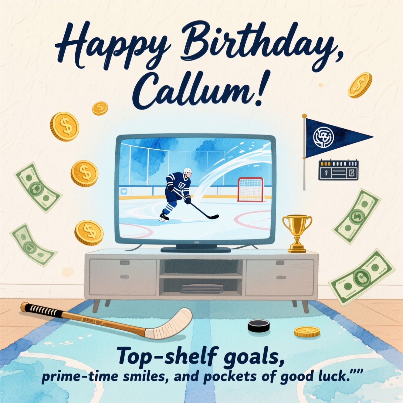 At the top of the Watercolor Style image, "Happy Birthday, Callum!"

At the bottom of the Watercolor Style image, "Top‑shelf goals, prime‑time smiles, and pockets of good luck."

- Compose a sincere, text‑first watercolor scene with airy negative space and visible paper grain, using soft washes, delicate gradients, and subtle pigment blooms.
- Center imagery: a softly glowing TV gently broadcasting a hockey game in cool ice‑blues; from the screen, a puck arcs in a faint watercolor swoosh that transforms into warm golden coin motifs and light banknote ribbons drifting through the air.
- Ground the scene with a resting hockey stick and puck beside a small trophy cup on a simple console; add a minimal sports pennant and a tiny, generic scoreboard graphic (no logos) to nod to the wider world of sports and TV.
- Palette: icy blues and teals for rink and motion, soft navy for shadows and text, warm gold accents for money elements, and a calm cream background.
- Lettering: hand‑painted brush script, deep navy with gentle feathered edges; keep everything clean, heartfelt, and uncluttered so the headline and punch‑line steal the show.
Generated with these themes: Hockey money sports and TV, and .
Made with ❤️ by AI.