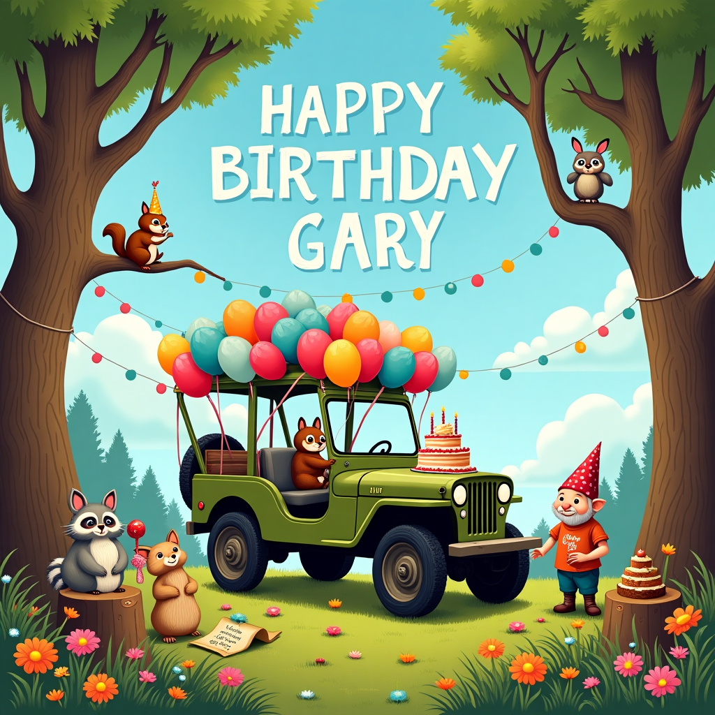The front cover of this birthday greeting card depicts a whimsical and humorous scene in a lush, enchanted forest clearing, where a vibrant birthday celebration is taking place. At the center of the illustration, a vintage army green Jeep is parked with its doors wide open, and its roof transformed into a colorful birthday canopy. Balloons in every shade imaginable are tied to the side mirrors, and strings of fairy lights twinkle around the windshield. The Jeep's hood serves as a grand buffet table, laden with a sumptuous spread of whimsical treats: a giant three-tiered cake shaped like a Jeep tire, cupcakes topped with tiny edible Jeep models, and colorful candy "tools."

In the background, towering trees with twisted branches frame the scene, their leaves forming a dappled curtain of greens and golds. Perched on a branch, a mischievous squirrel wearing a tiny party hat nibbles on a nut while watching the festivities. To the left, a family of rabbits hops around, playing a game of pin-the-tail-on-the-Jeep, with a paper Jeep hanging on the bark of a tree. Nearby, a wise old owl sits on a stump, wearing spectacles and reading a humorous birthday poem from a scroll.

The forest floor is a carpet of vibrant wildflowers, and nestled among them, a group of friendly forest creatures, including a raccoon and a hedgehog, join in the merriment with tambourines and maracas in their tiny paws. The sky above is a clear azure, dotted with fluffy clouds that spell out "HAPPY BIRTHDAY GARY" in a playful, cursive style. The lettering is subtly formed by wispy, curly white clouds, giving the illusion that the message was written by an invisible sky artist.

In the foreground, a cheeky gnome wearing a Jeep-themed birthday t-shirt hands Gary a party horn, inviting him to join in the fun. This illustration, rich with detail and humor, is sure to bring a smile to Gary's face as he celebrates his special day surrounded by an adventurous, jeep-loving woodland community.
Generated with these themes: Jeep.
Made with ❤️ by AI.