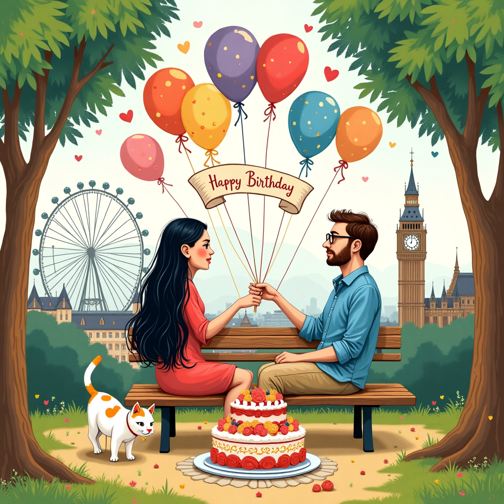 Thai lady long black hair, Hansom English guy with short brown beard in shorts and blue shirt with glasses, White cat with ginger and black sploges and red collar with bell, Long distance relationship from thailand to london, and Happy birthday Birthday Card